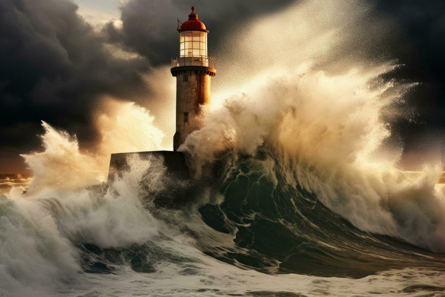 Stormy sea with big waves and lighthouse. 3d render illustration, lighthouse hit by massive wave, AI Generated photo