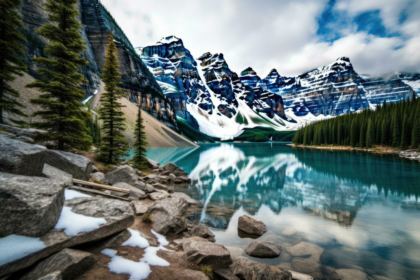 morena lago en banff nacional parque, alberta, Canadá, lago morena, banff nacional parque, ai generado foto