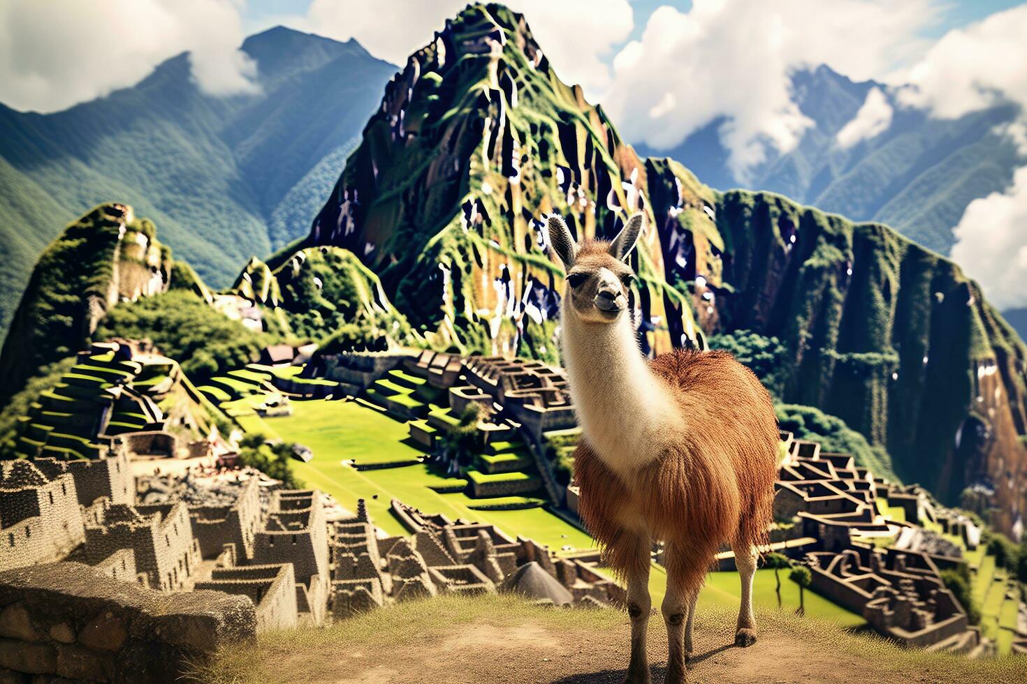 llama en el antecedentes de el antiguo ciudad de machu picchu, lama y machu picchu, ai generado foto