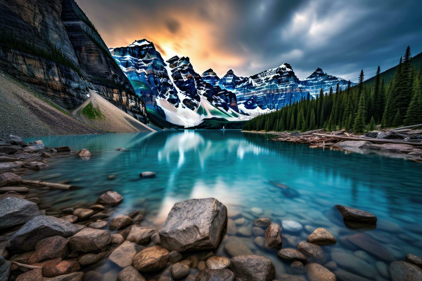 Lake Louise in Banff National Park, Alberta, Canada at sunset, Long Exposure photo of Lake Moraine, Banff National Park, AI Generated