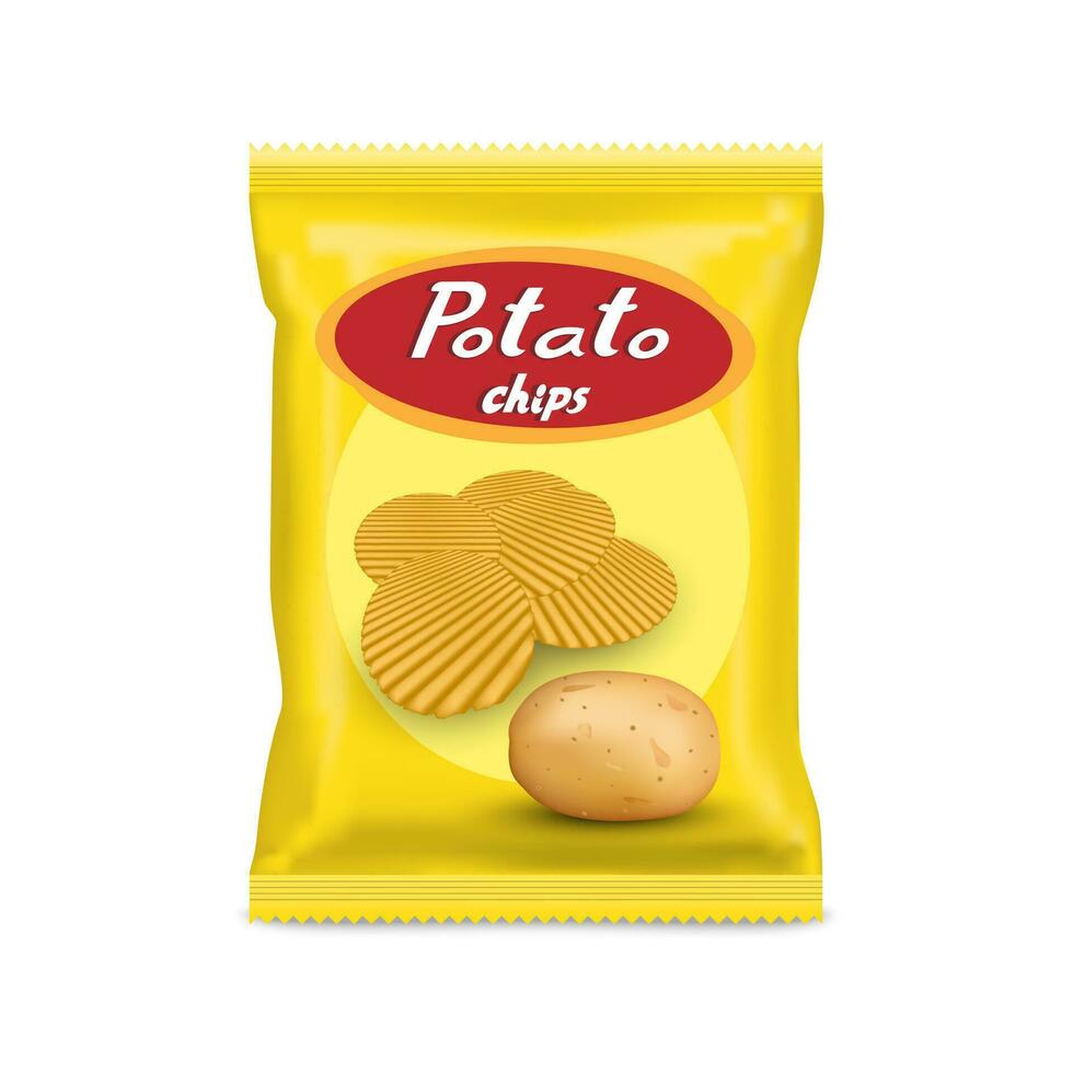 realista Bosquejo paquete de amarillo papas fritas paquete con etiqueta aislado en blanco fondo, frustrar pantalones con patata bocadillo, vector ilustración eps 10