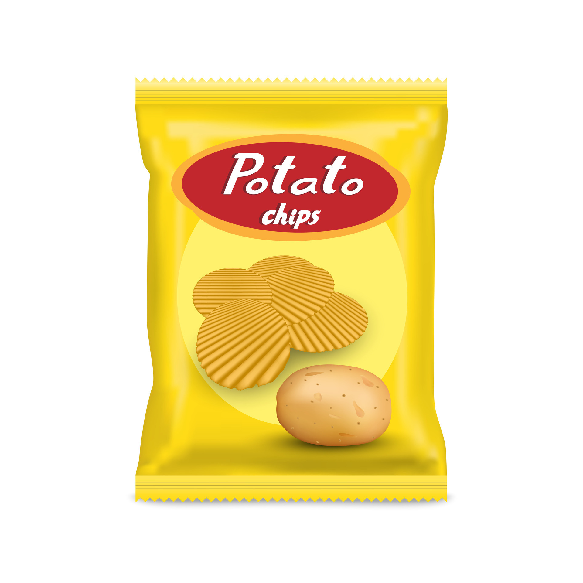 Realistic mockup package of yellow chips package with label isolated on
