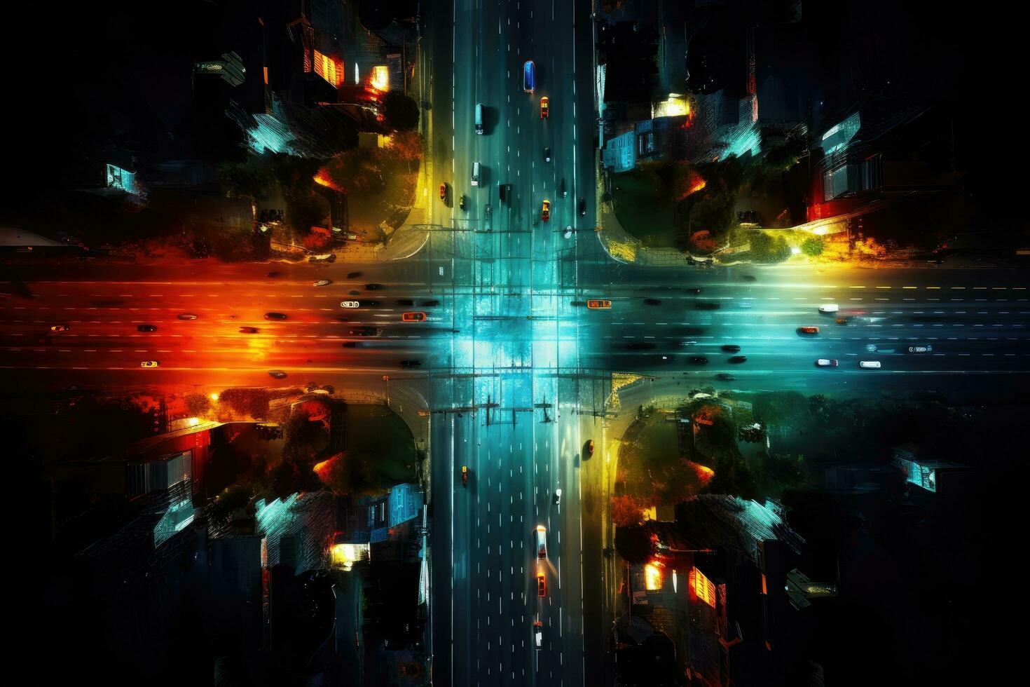 aéreo ver de autopista intersección con carros a noche en ciudad, luces en el calle. Autopista parte superior vista, tráfico ligero cuadro, ai generado foto