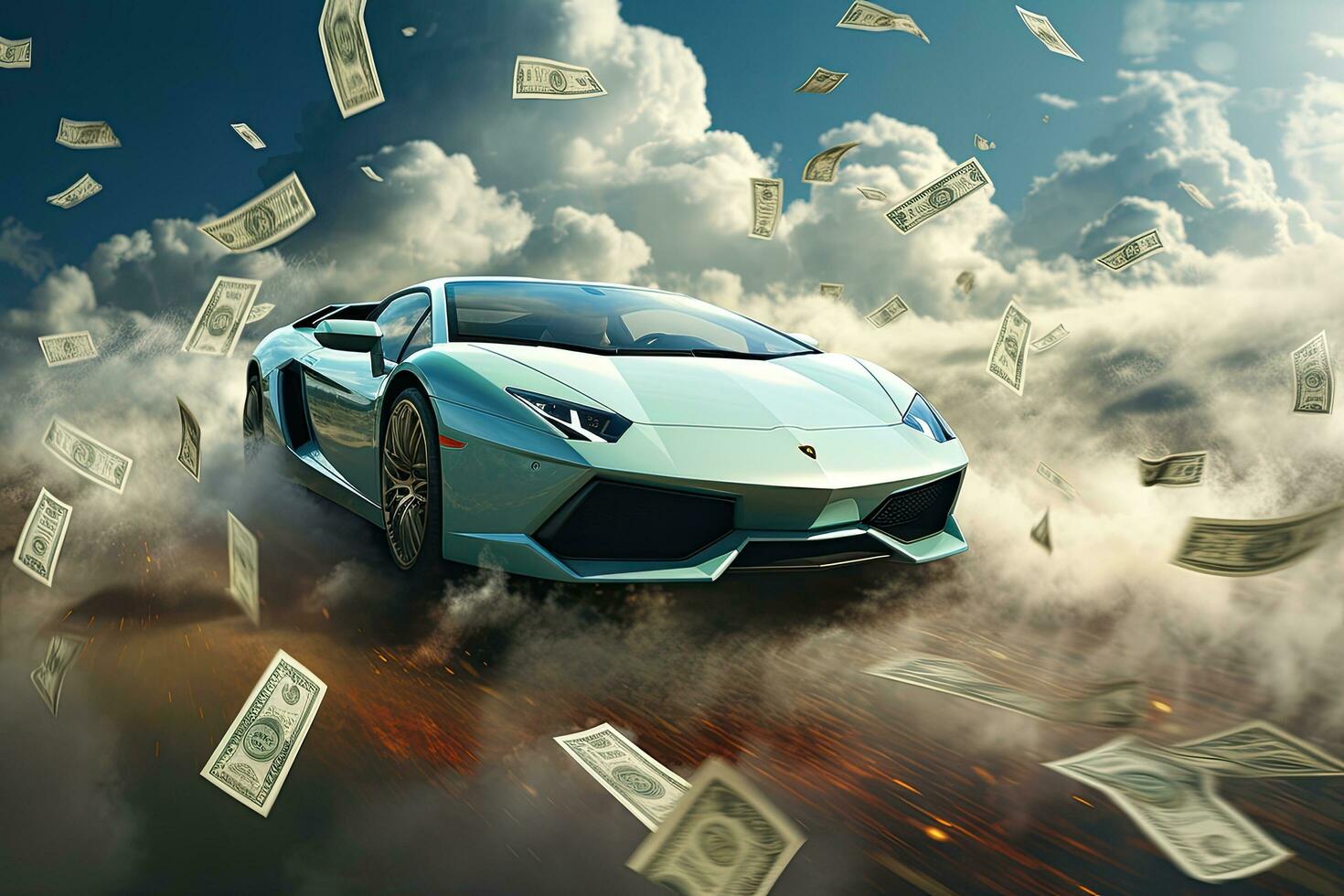 Conceptual image of a sports car surrounded by dollars flying in the sky, Lamborgini flying through the Money clouds, AI Generated photo