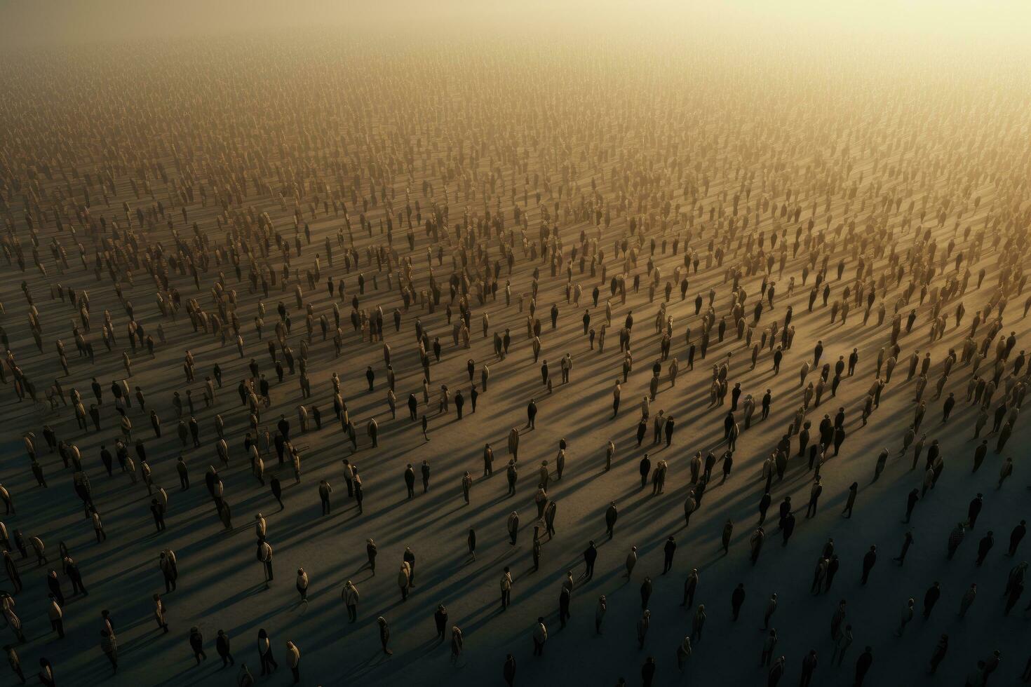 3D rendering of a crowd of people in the middle of a desert, Large crowd symbolizing overpopulation, AI Generated photo