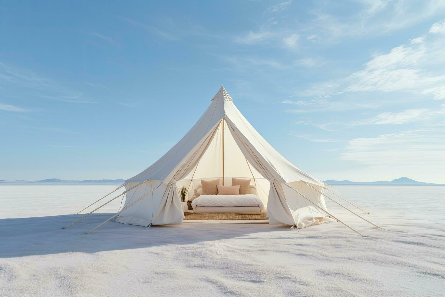 White tent in the salt flat of Salar de Uyuni, Bolivia, light white and wood tent in the white desert, AI Generated photo