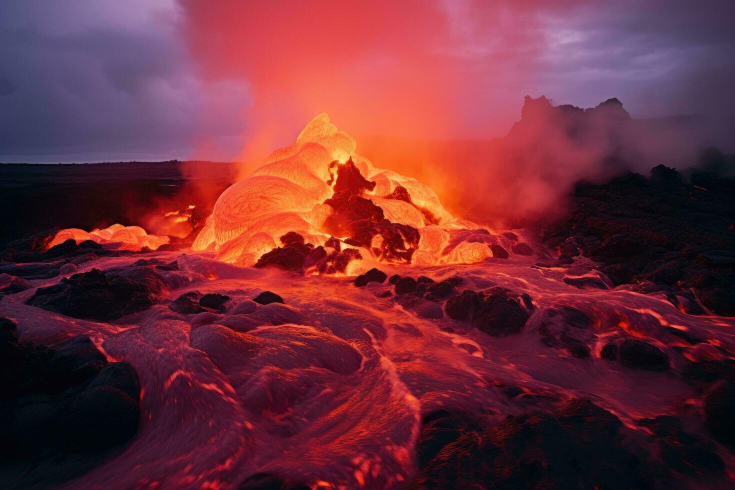 volcán hveravellir en Islandia, Europa, lava chorreando fuera de cráter y rojizo iluminado fumar nube, lava fluye, en erupción volcán, ai generado foto