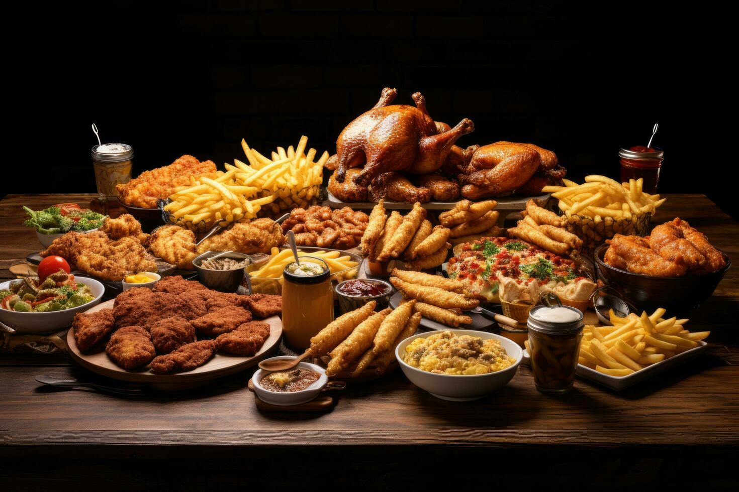 Traditional German food on a wooden table. Fried chicken, french fries, onion rings, beer, chicken nuggets, fish and chips, large table assorted take out food such pizza, french fries, AI Generated photo