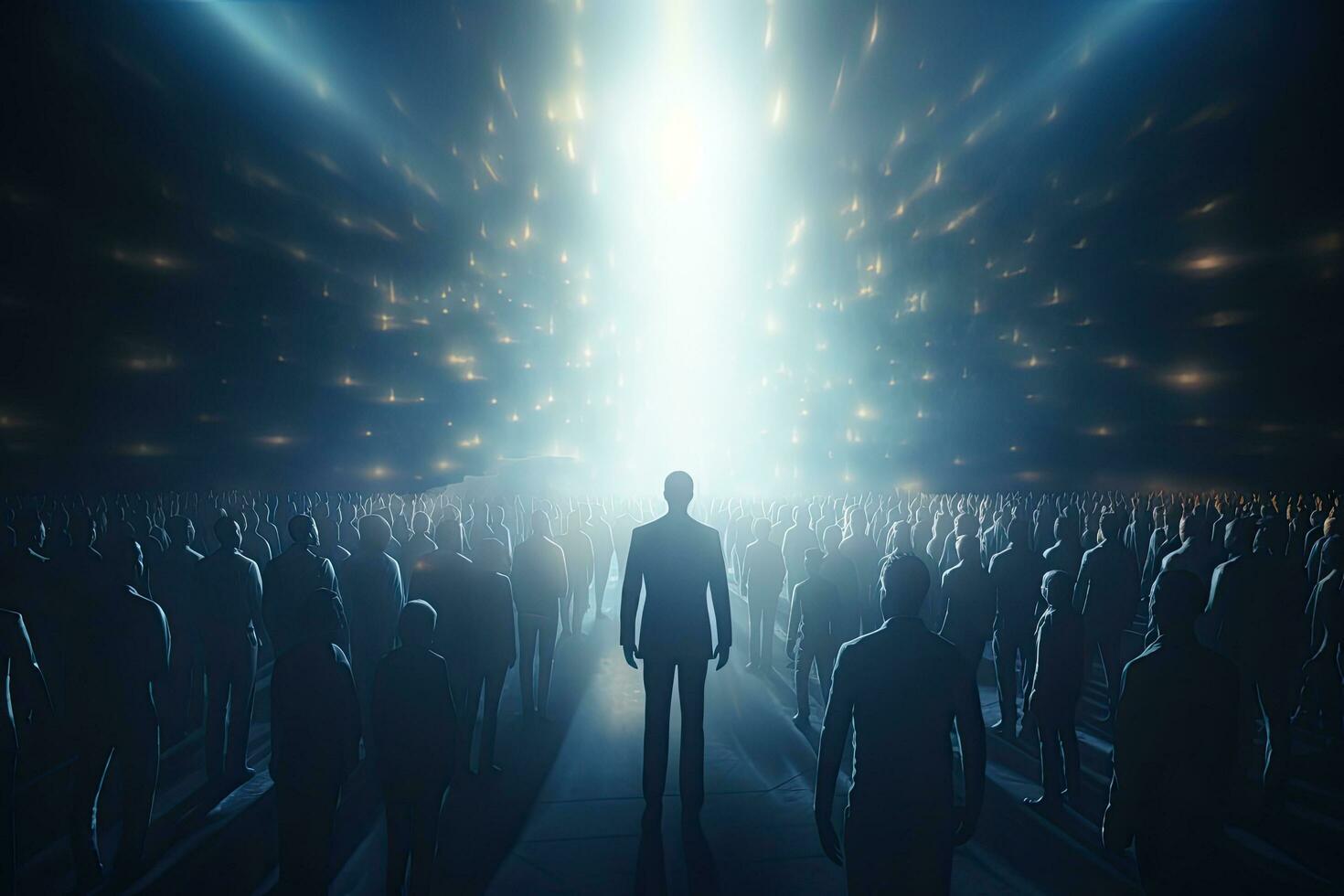 Businessman standing in front of a crowd of people with glowing lights, Leadership concept with crowd of people and light. 3d rendering, AI Generated photo