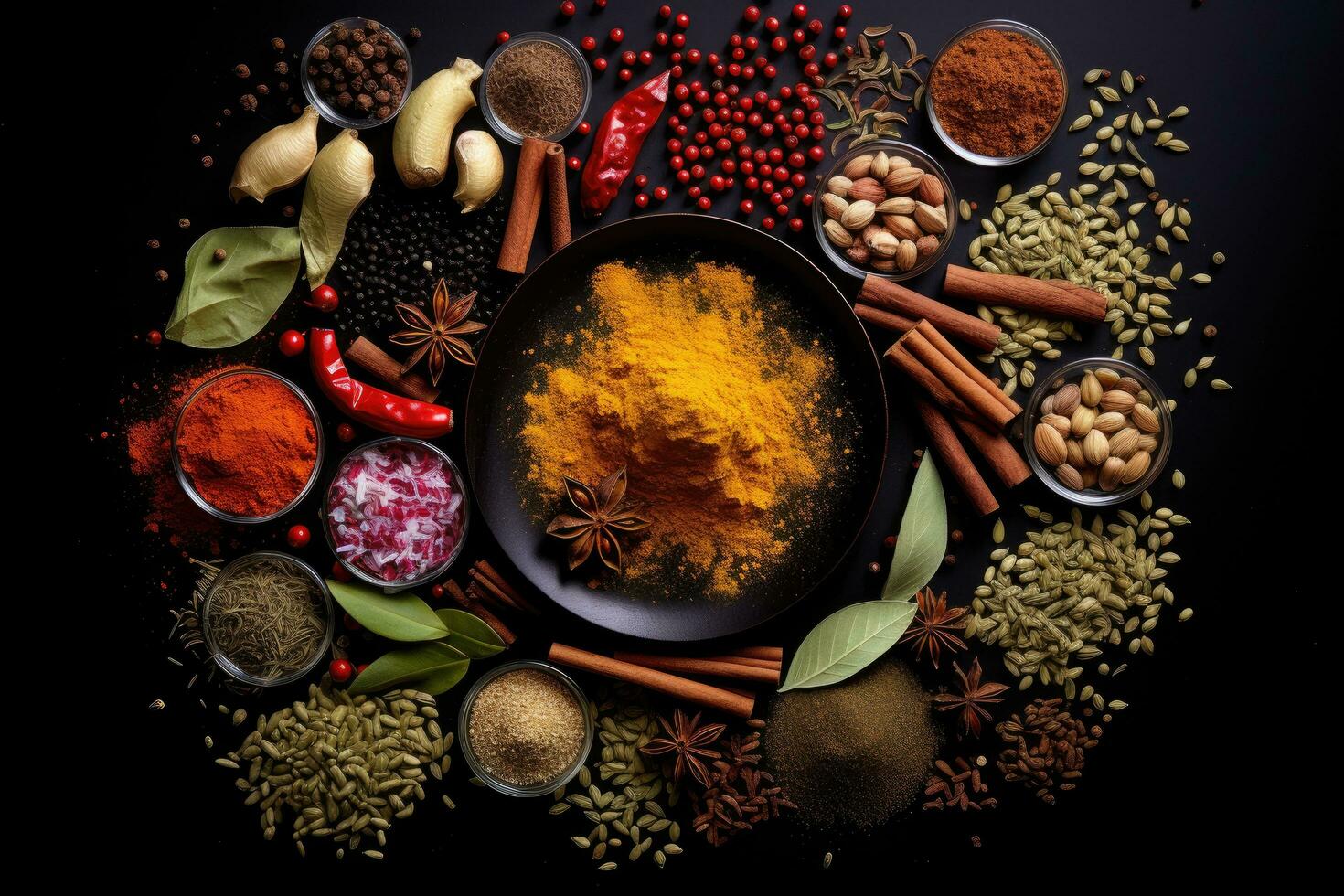 Spices and herbs on black background. Food and cuisine ingredients, lots of Spices on black background Top view, AI Generated photo