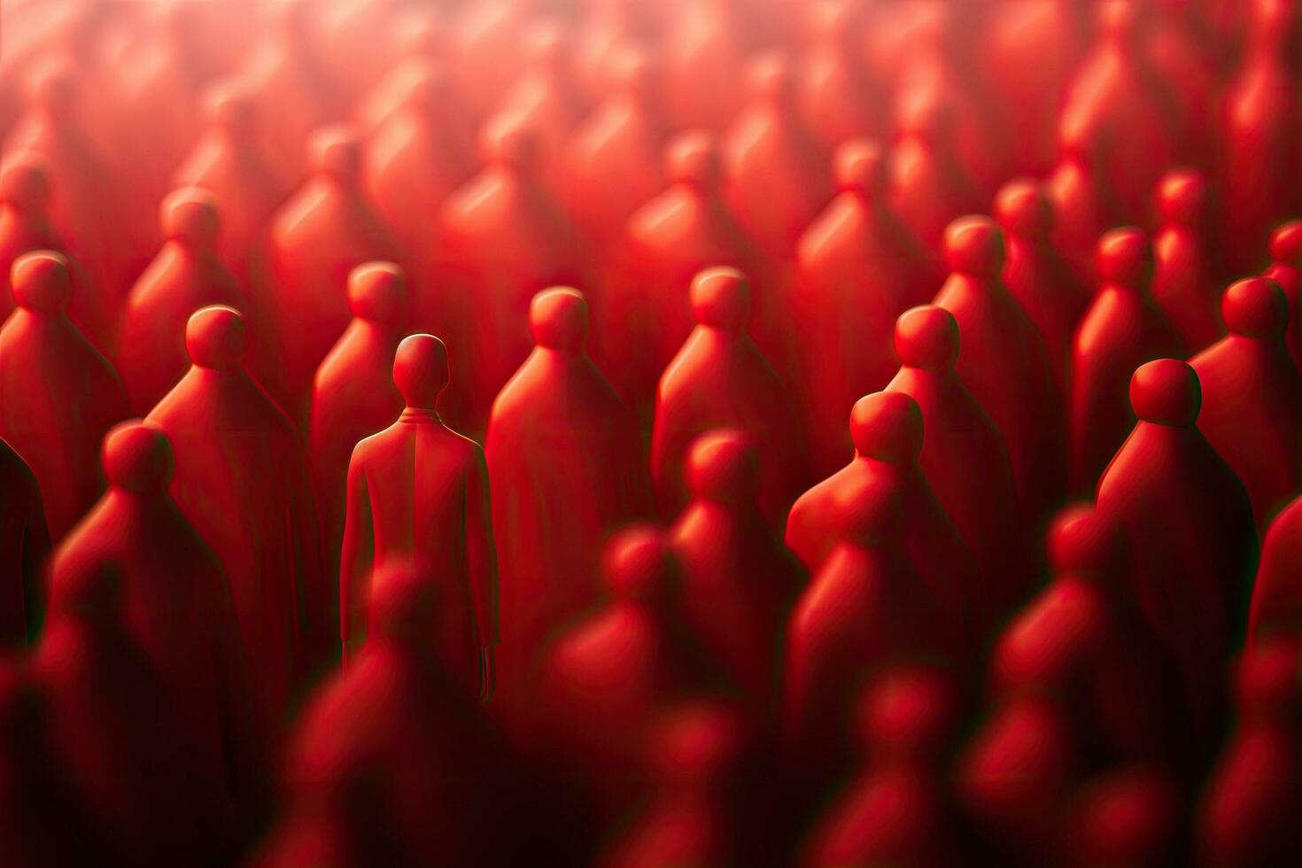 3d representación de un grupo de personas en frente de un rojo fondo, liderazgo y trabajo en equipo concepto con 3d ilustración de un hombre en frente de un multitud de rojo gente, ai generado foto