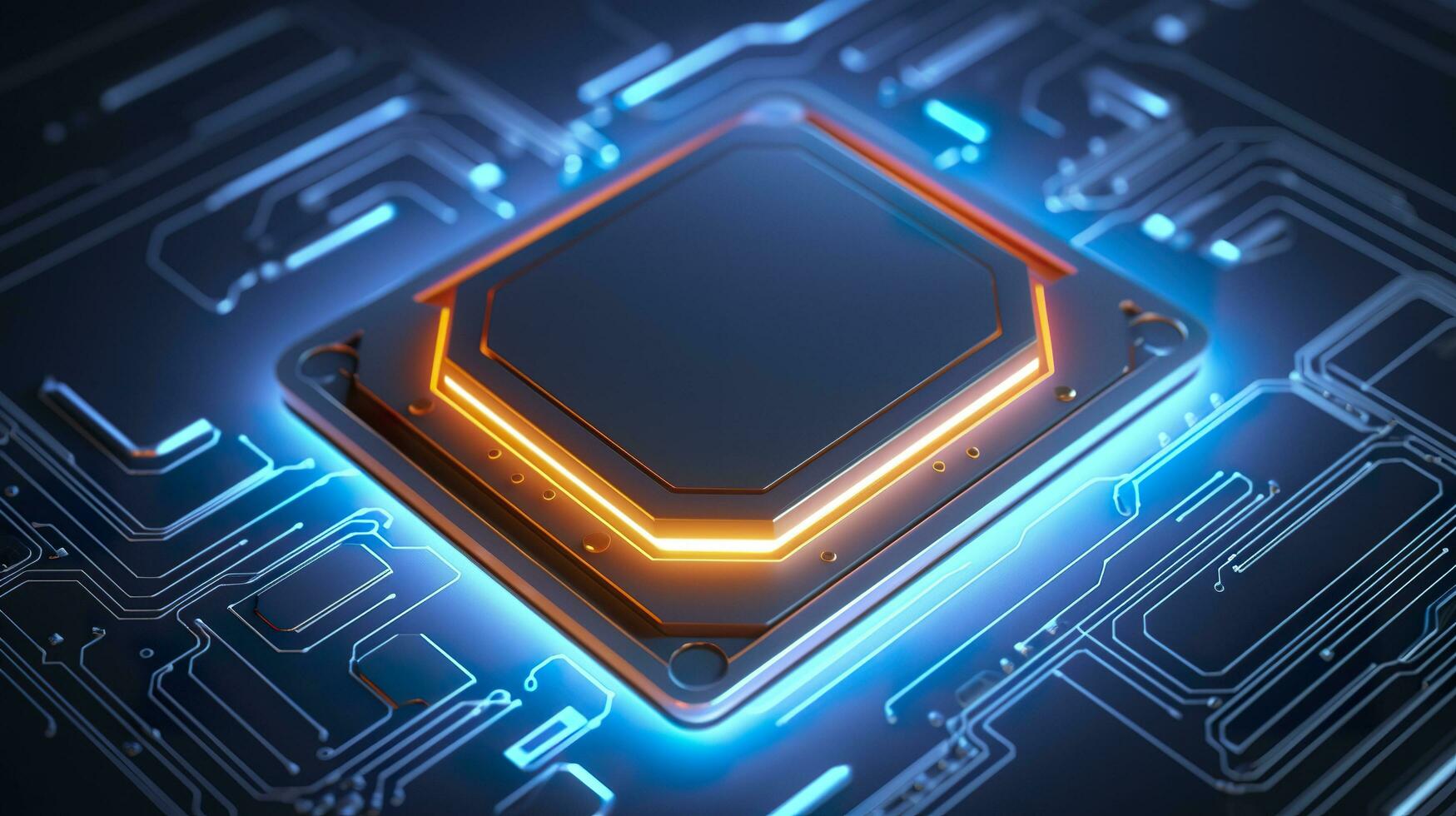 Top View of a Chip with Glowing Light and Fog in Orange and Blue. AI Generative photo