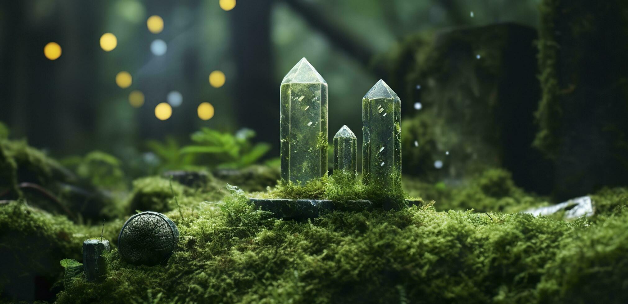 Crystals with moon phases image of moss in a mysterious forest, natural background. Generative AI photo