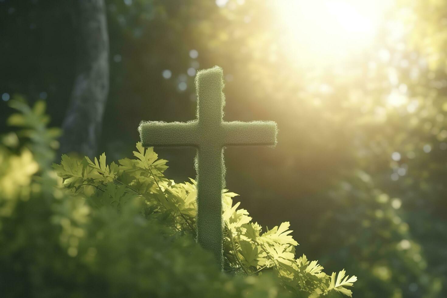 The cross of God with green Leaf, in the rays of the sun and blue sky. Cross on the hill with green trees and graeen natural view. Religious concept, AI Generative photo