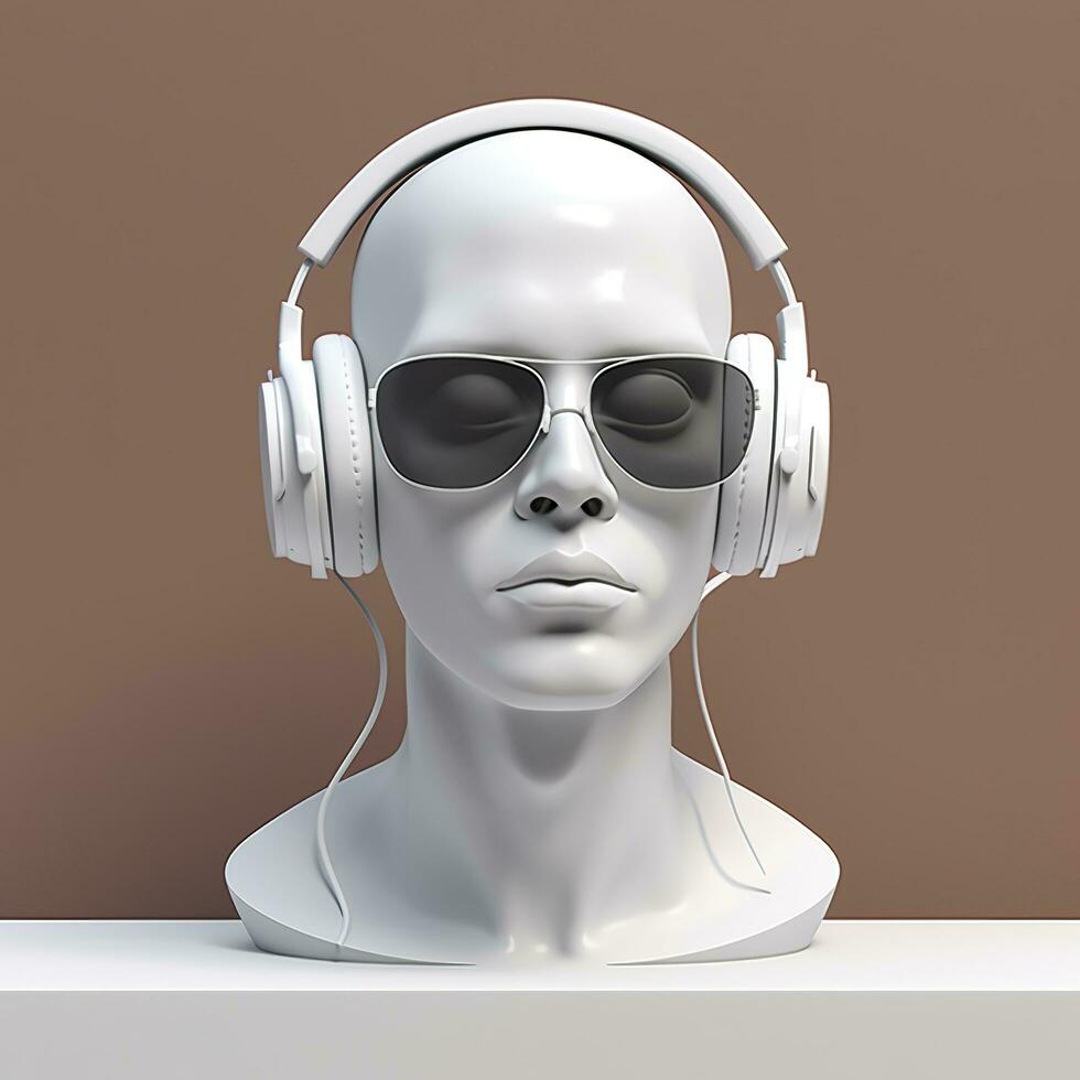 Minimal scene of sunglasses and headphones on human head sculpture, Music concept, 3d rendering. AI Generative photo