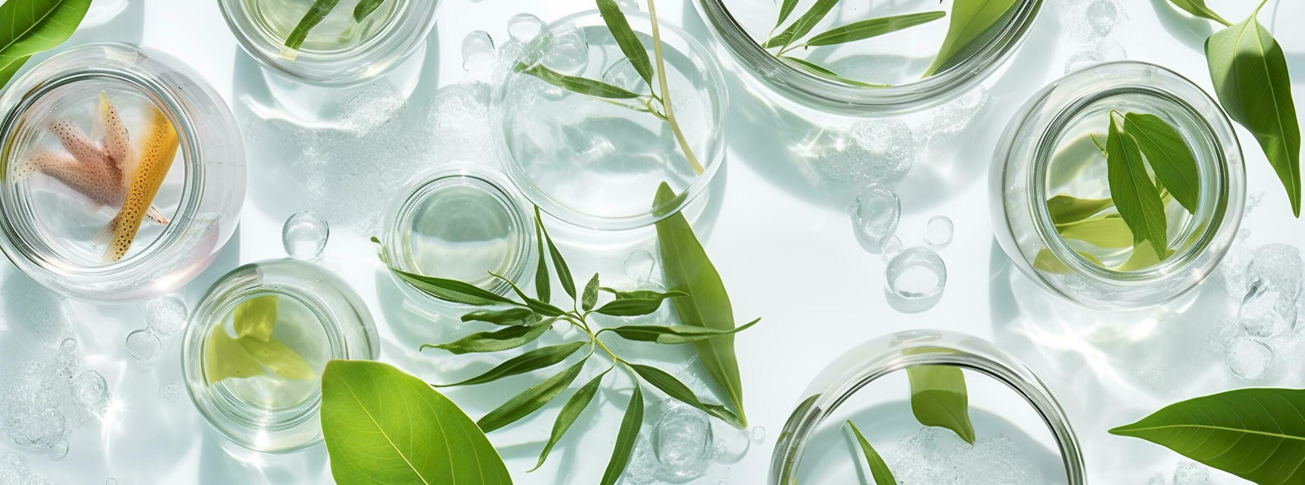 Banner Laboratory glassware, and Petri dishes floating on the surface of the water. AI Generative photo