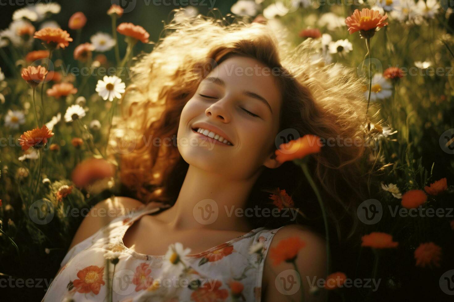 beautiful girl lying in the meadow with flowers Generative AI photo