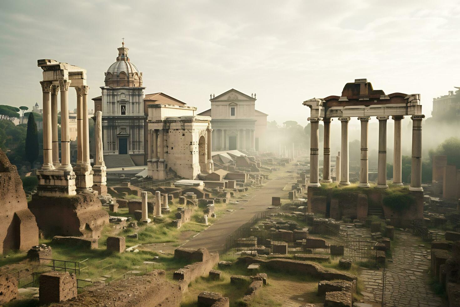 ancient Roman ruins at the Roman Forum Generative AI photo