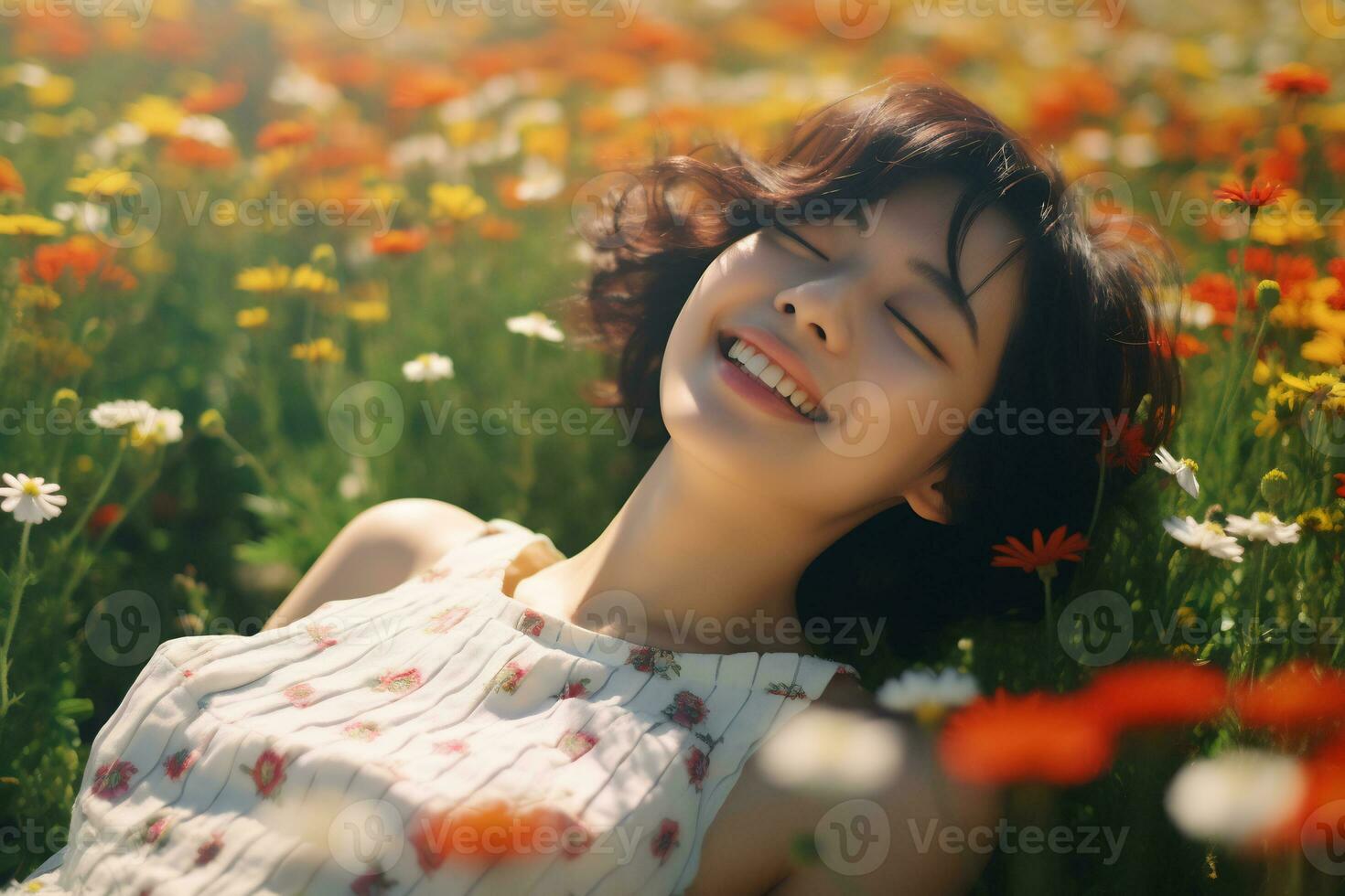 asiático niña acostado en un prado lleno de flores generativo ai foto