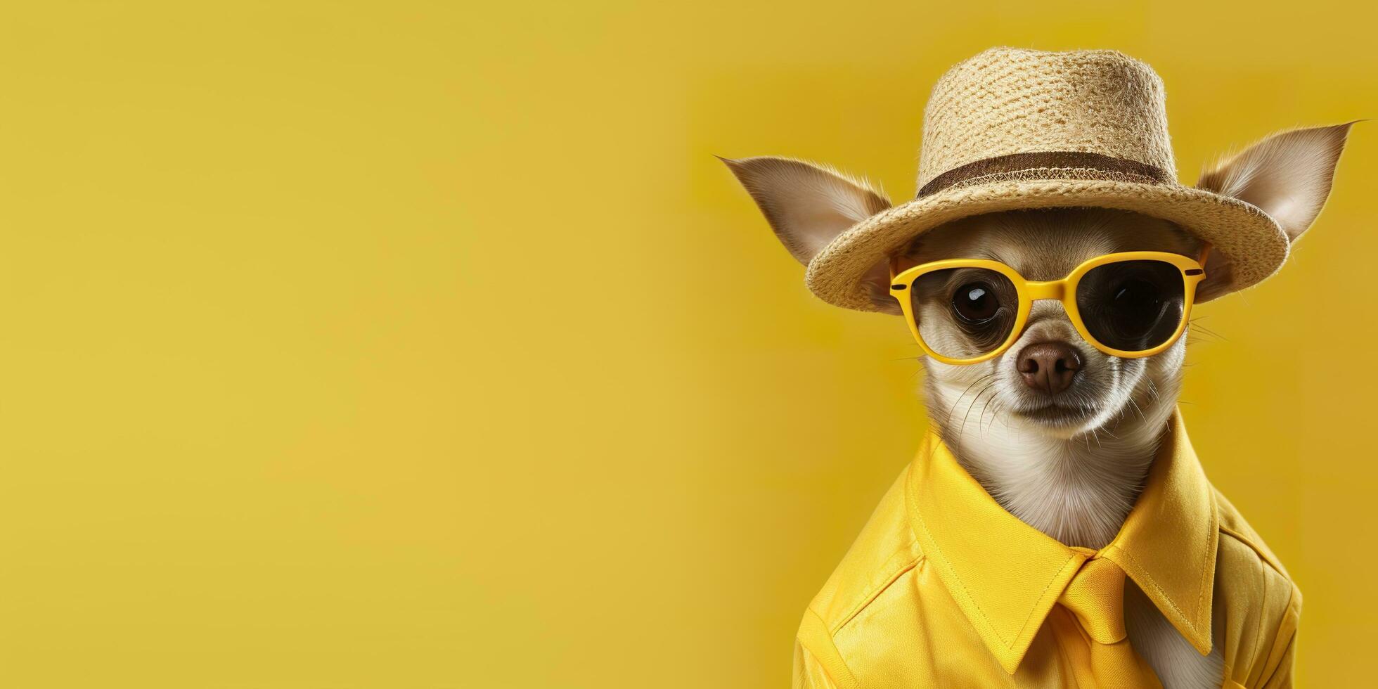 Cool looking Chihuahua dog wearing funky fashion dress. space for text right side. Generative AI photo