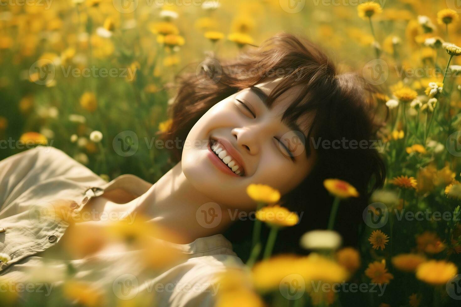 Asian girl lying in a meadow full of flowers Generative AI photo