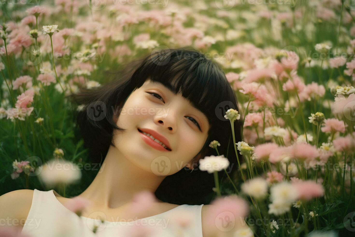 Asian girl lying in a meadow full of flowers Generative AI photo