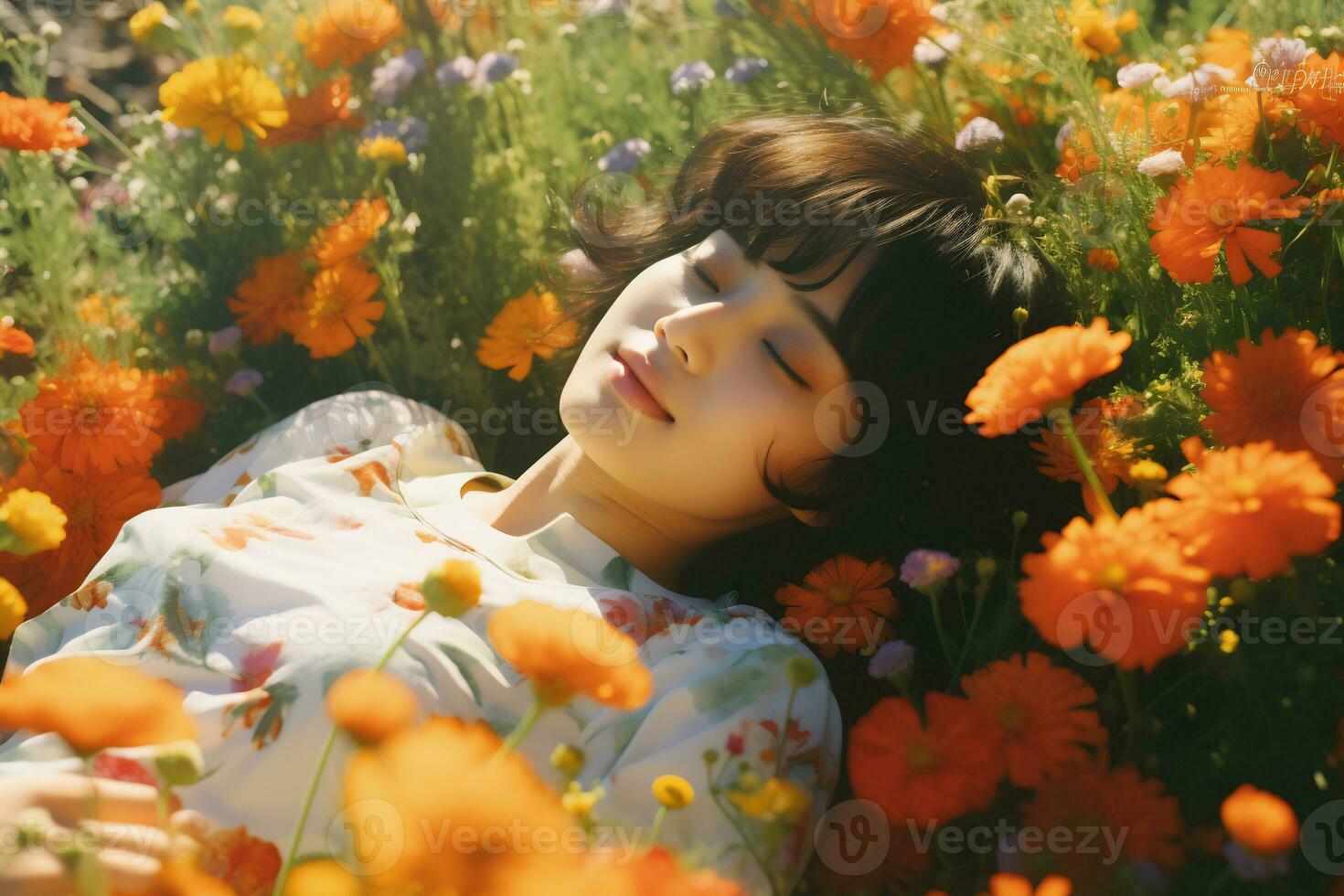 Asian girl lying in a meadow full of flowers Generative AI photo