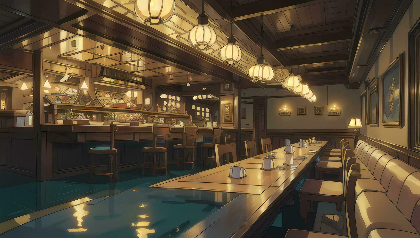 Restaurant Eatery with Wooden Furniture Graphic Novel Anime Manga Wallpaper photo