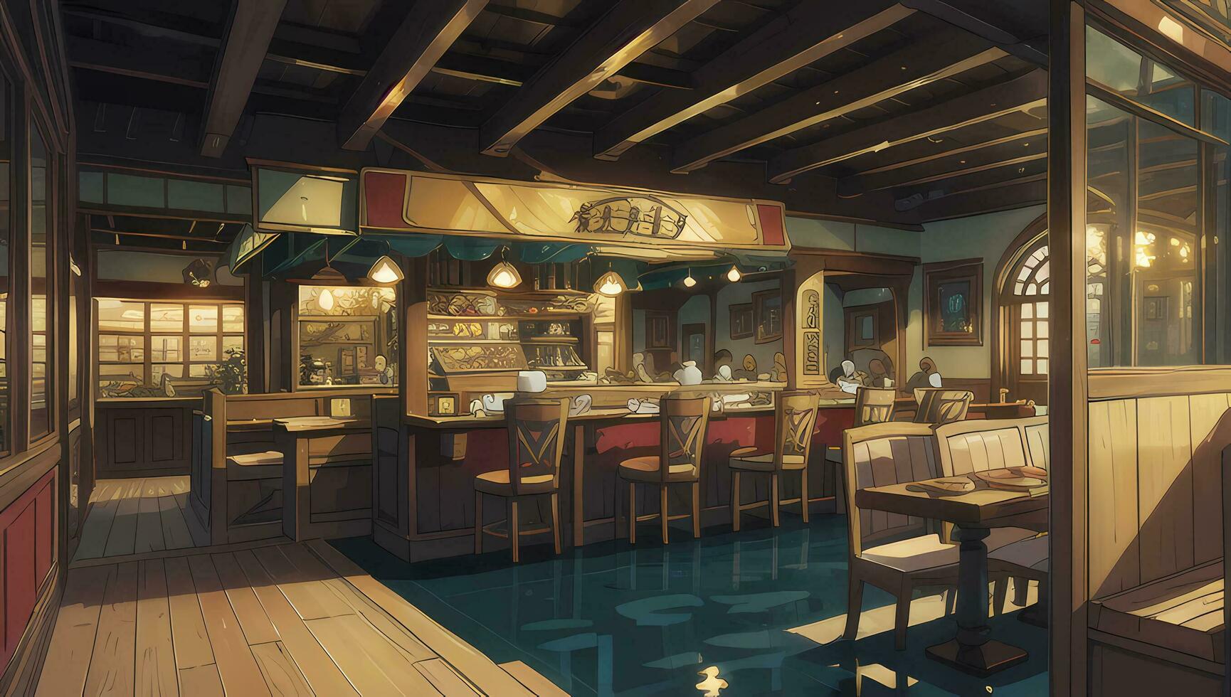 Restaurant Eatery with Wooden Furniture Graphic Novel Anime Manga Wallpaper photo