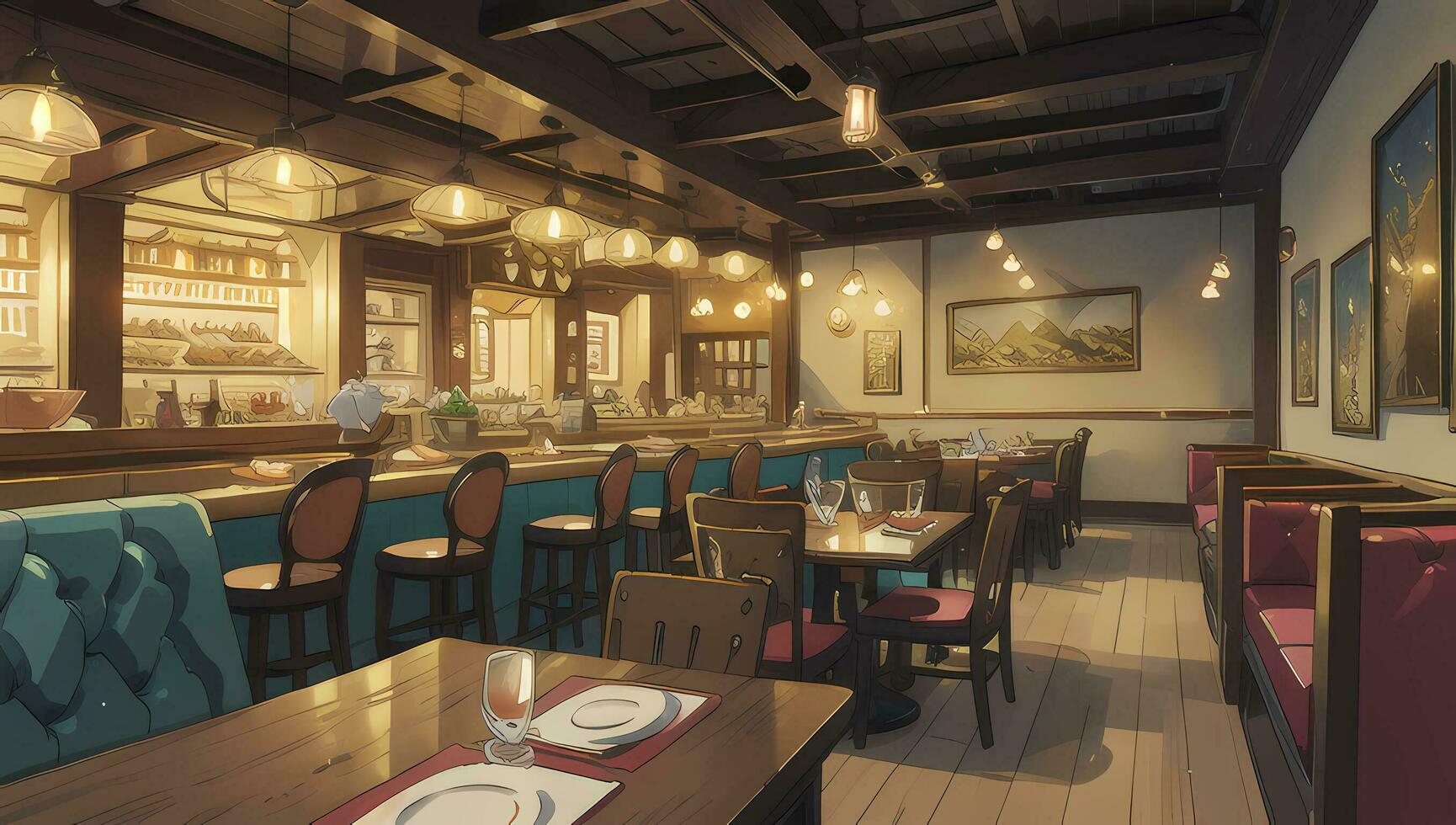 Restaurant Eatery with Wooden Furniture Graphic Novel Anime Manga Wallpaper photo