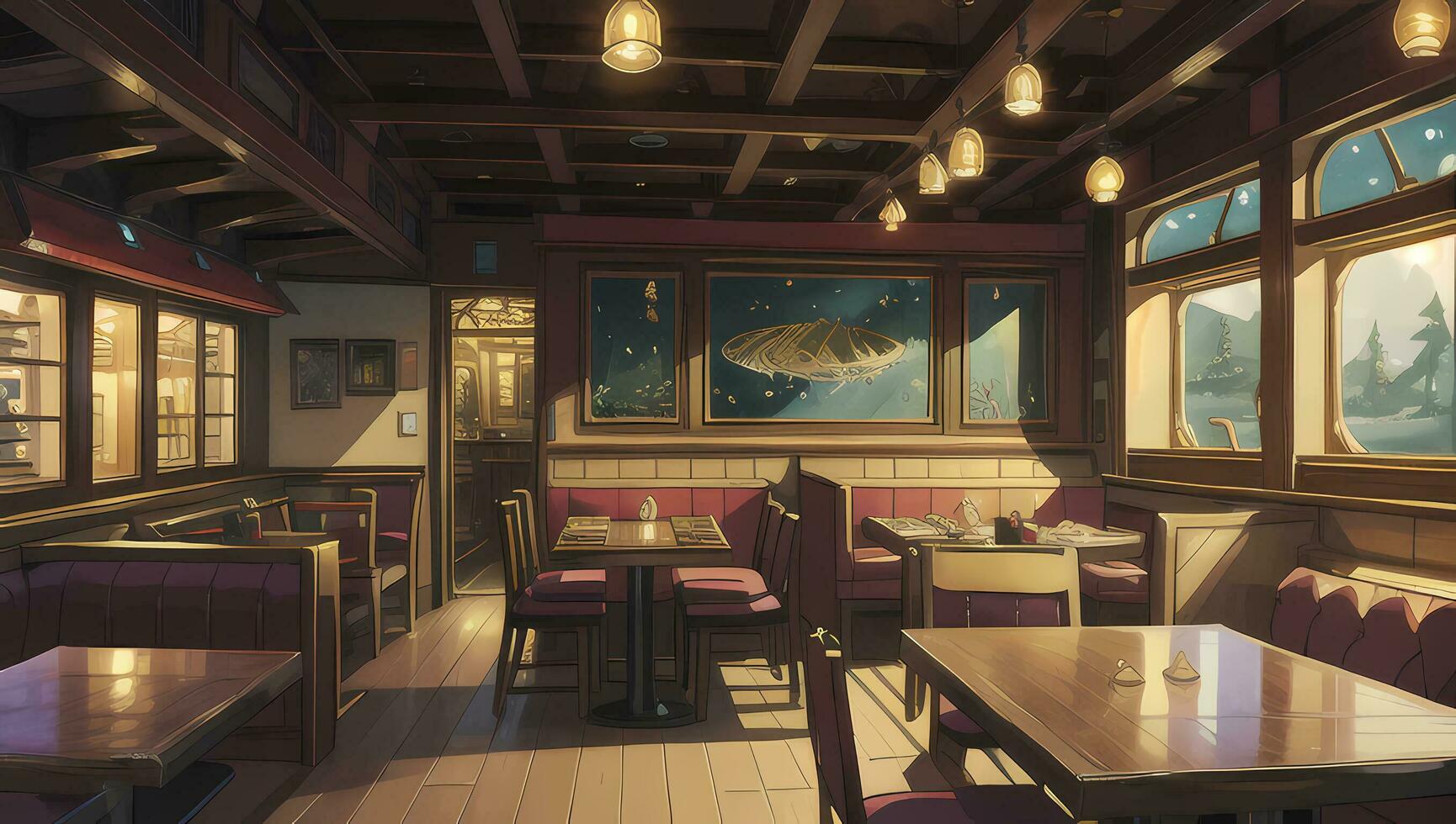 Restaurant Eatery with Wooden Furniture Graphic Novel Anime Manga Wallpaper photo