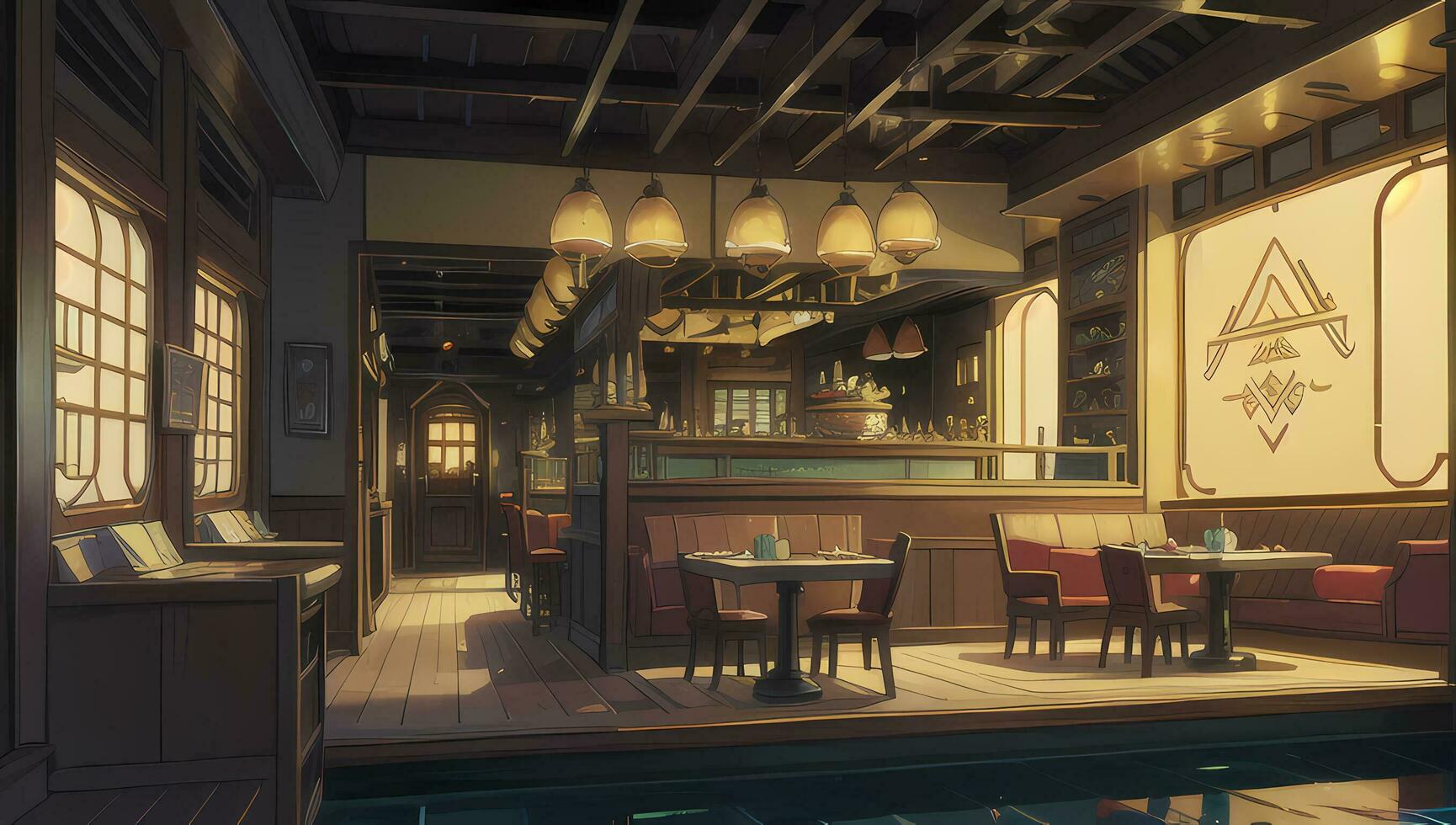 Restaurant Eatery with Wooden Furniture Graphic Novel Anime Manga Wallpaper photo