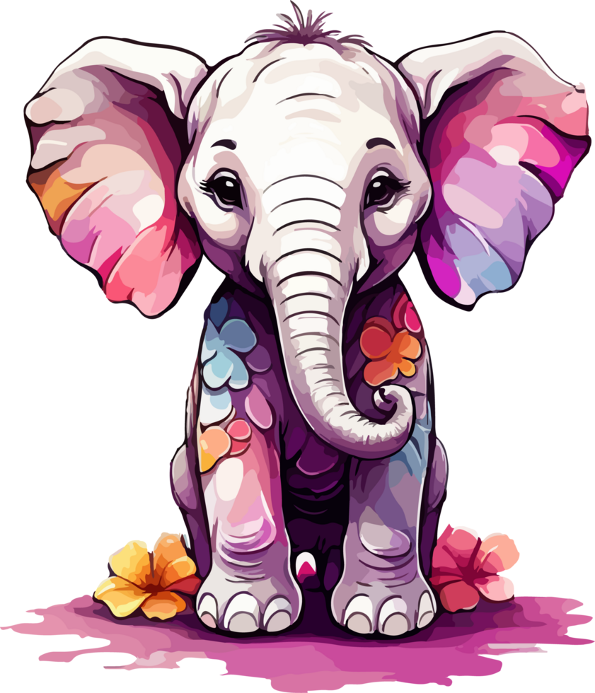 Cute Baby Elephant with Flower Spread PNG Cartoon AI Generative