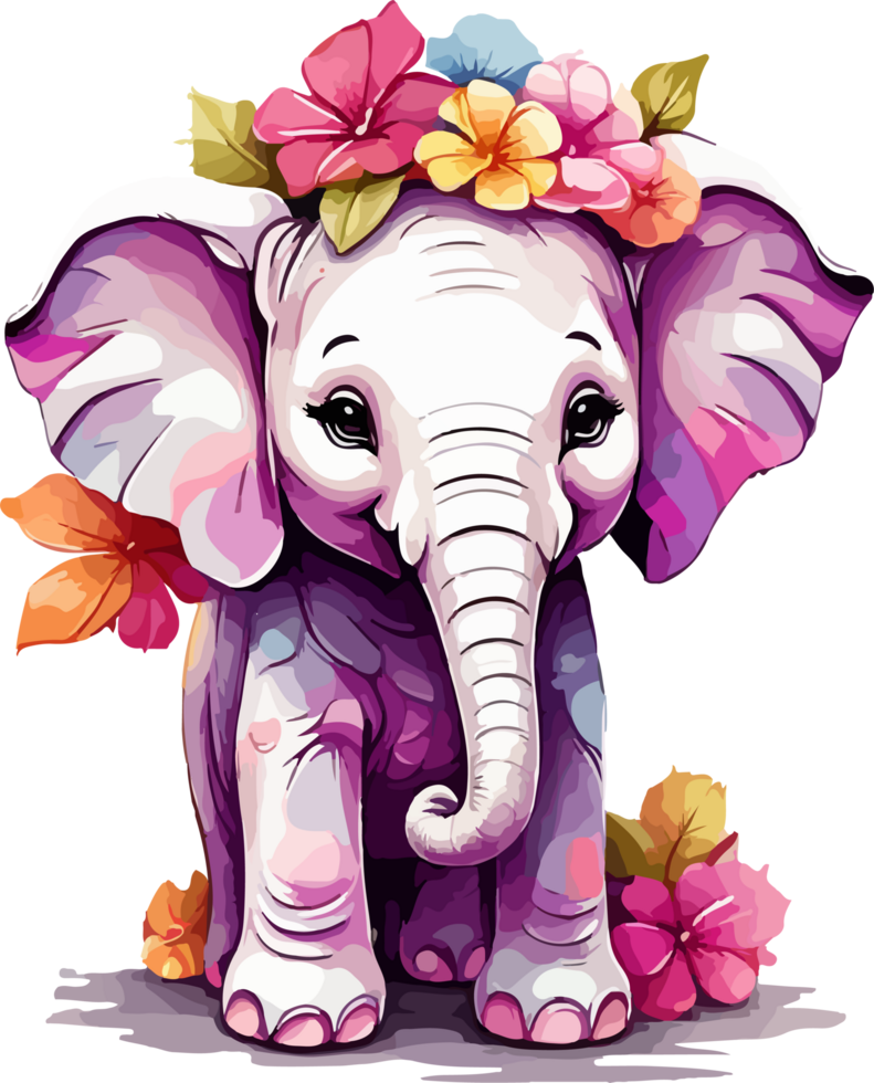 linda bebé elefante con flor untado png ilustración ai generativo