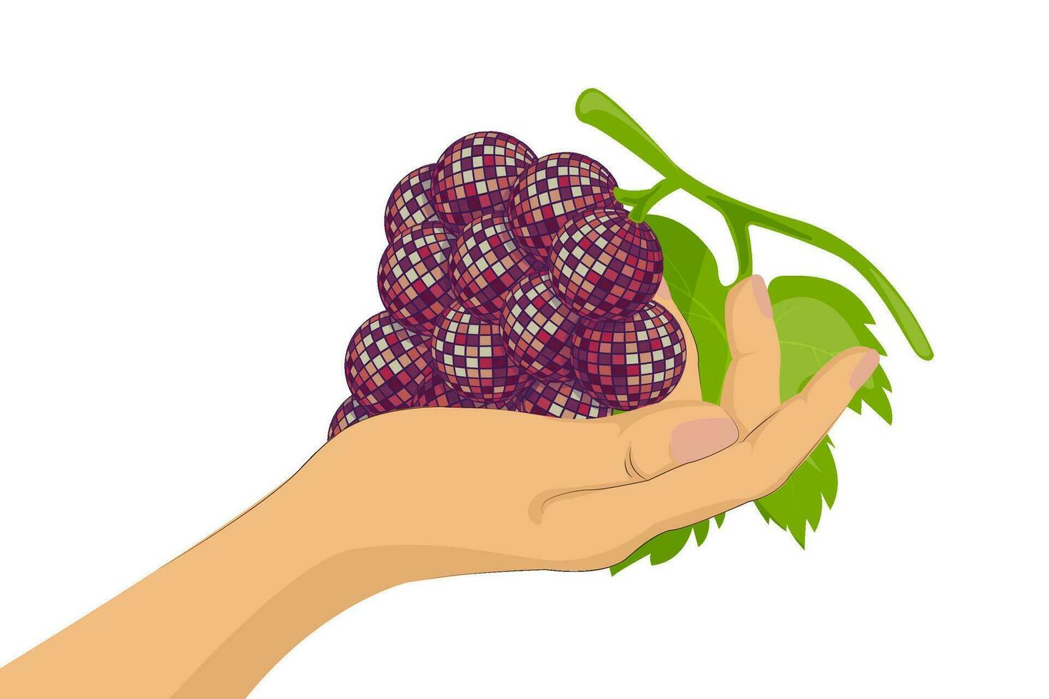 Illustration of a woman's hand tenderly holding grapes. Flat style design. Y2K. vector