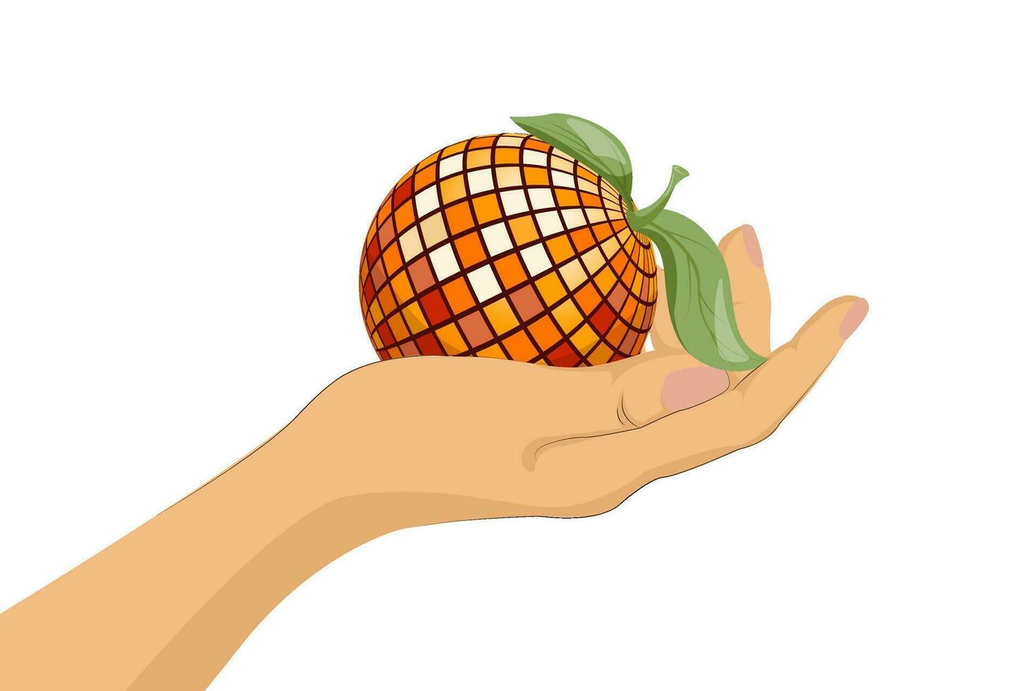 Illustration of a woman's hand tenderly holding an orange. Flat style design. Y2K. Vector illustration