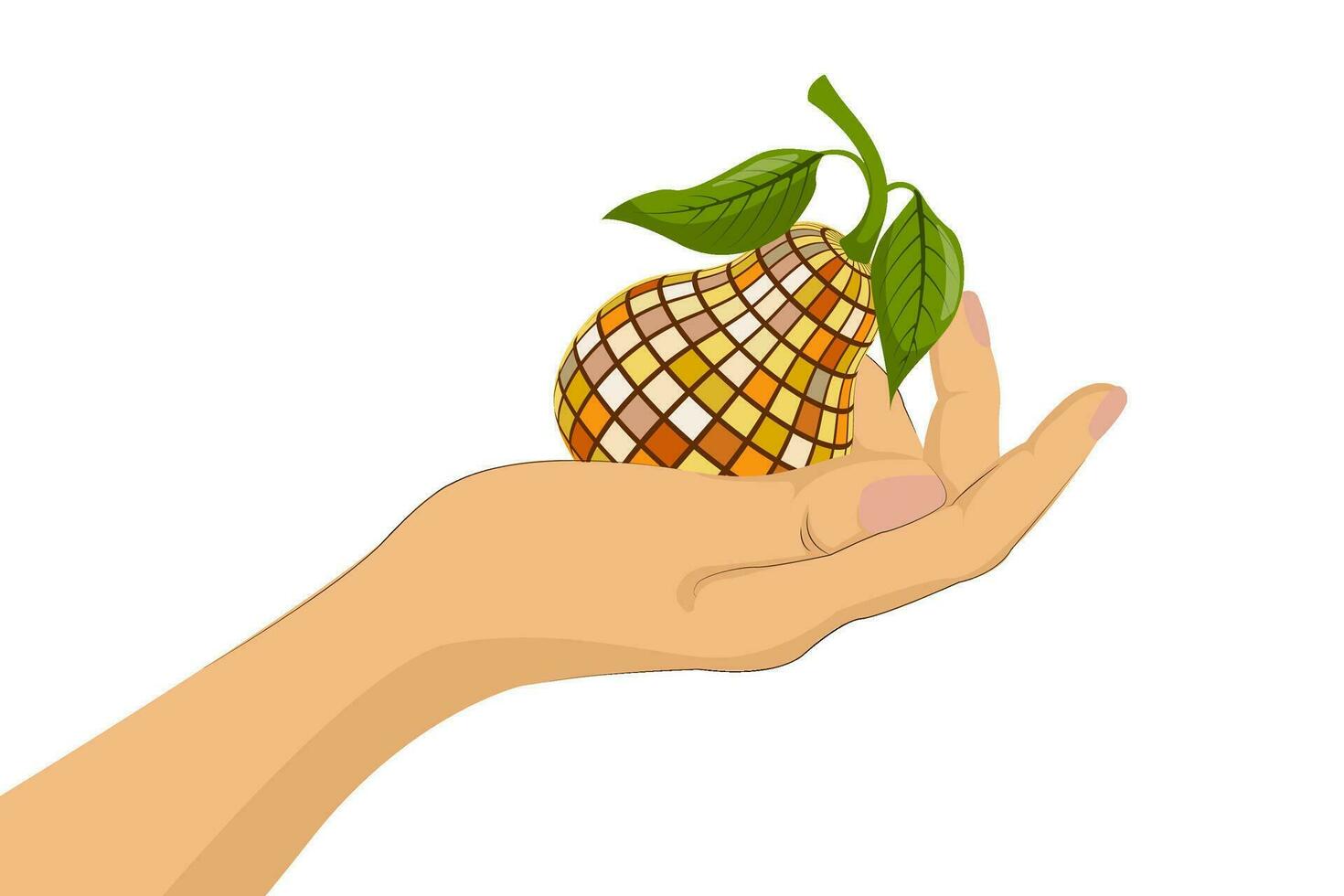 Illustration of a woman's hand tenderly holding a pear. Flat style design. Y2K. Vector illustration