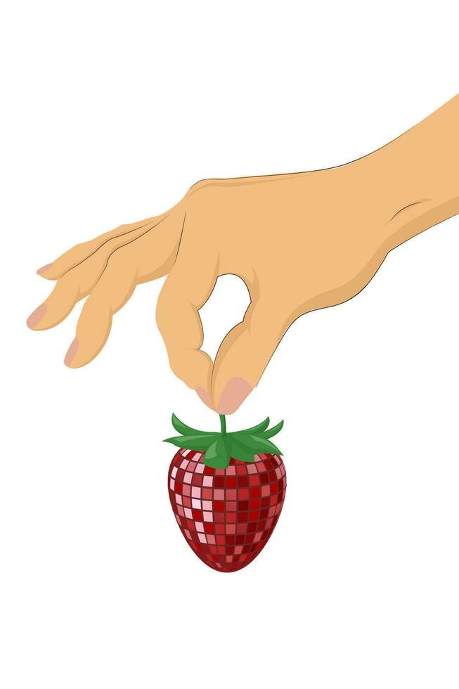 Vector illustration of juicy ripe strawberries in hand. Isolated vector illustration. Retro style for posters, cards, t-shirt design, stickers, textiles. Y2K