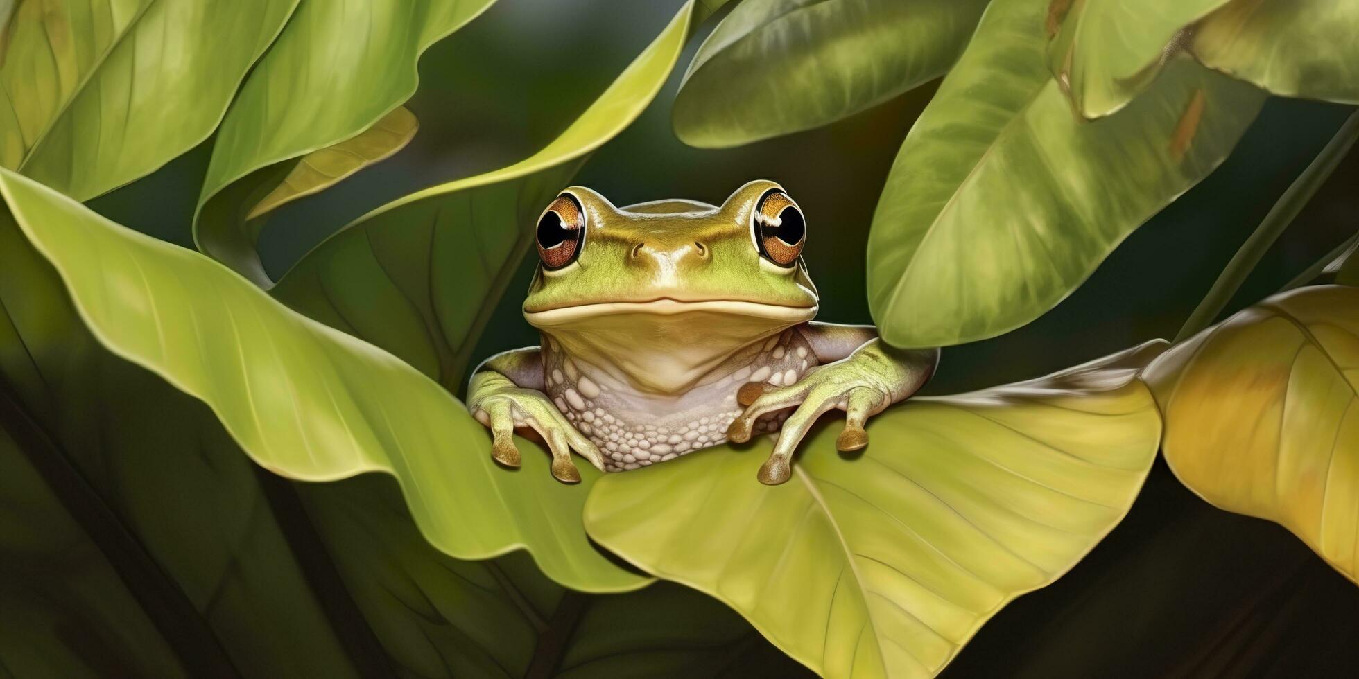 Dumpy Frog On Leaves, Frog, Amphibian, Reptile. Generative AI photo