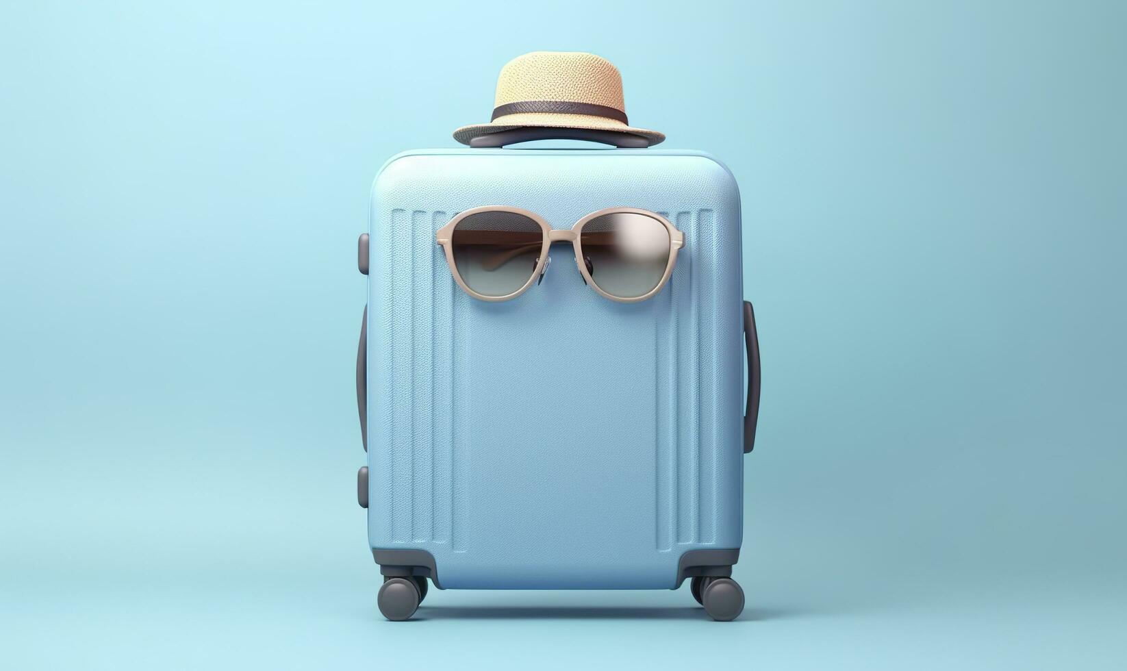 Blue suitcase with sunglasses on a pastel blue background. travel concept. Generative AI photo