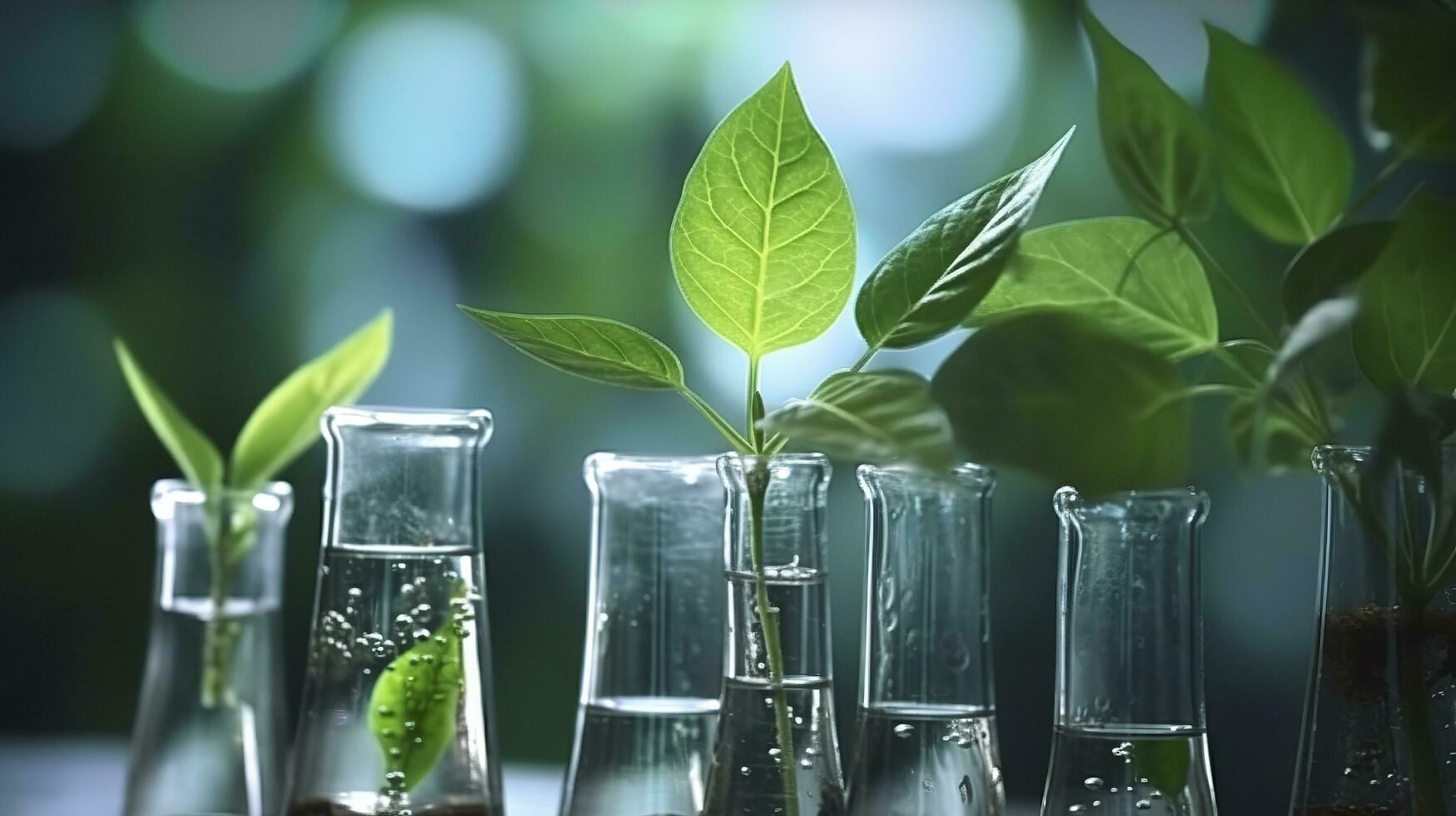 biotecnología concepto con verde planta hojas, laboratorio cristalería, y conductible investigación, ilustrando el poderoso combinación de naturaleza y Ciencias en médico avances ai generativo foto