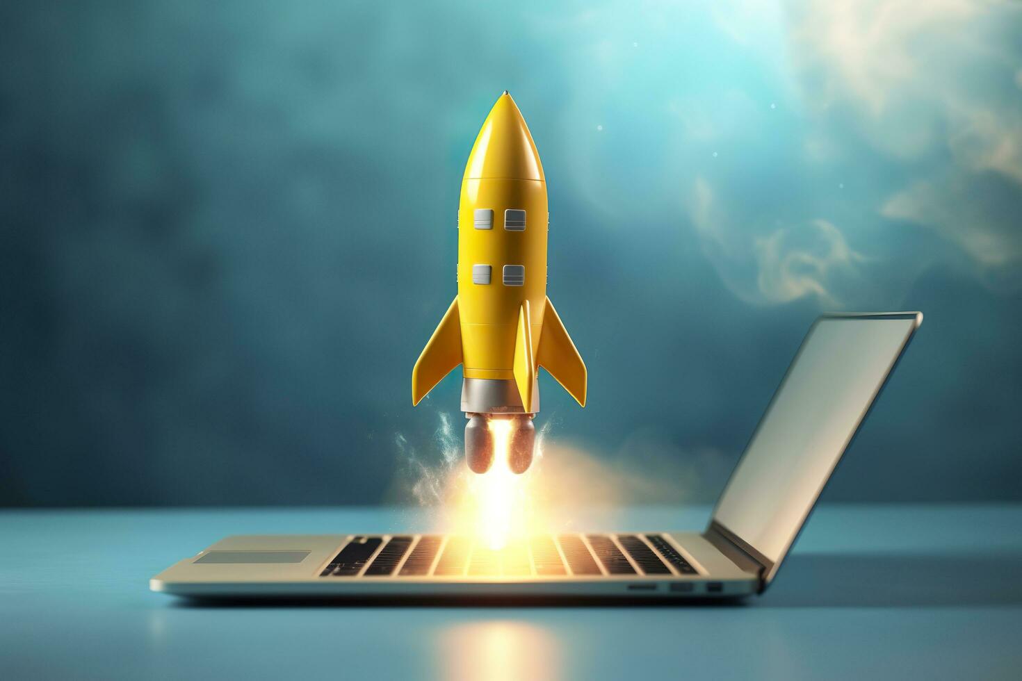 Launching a new product or service. Technology development process. Space rocket launch. 3d render. Yellow rocket lift up from the display laptop. AI Generative photo