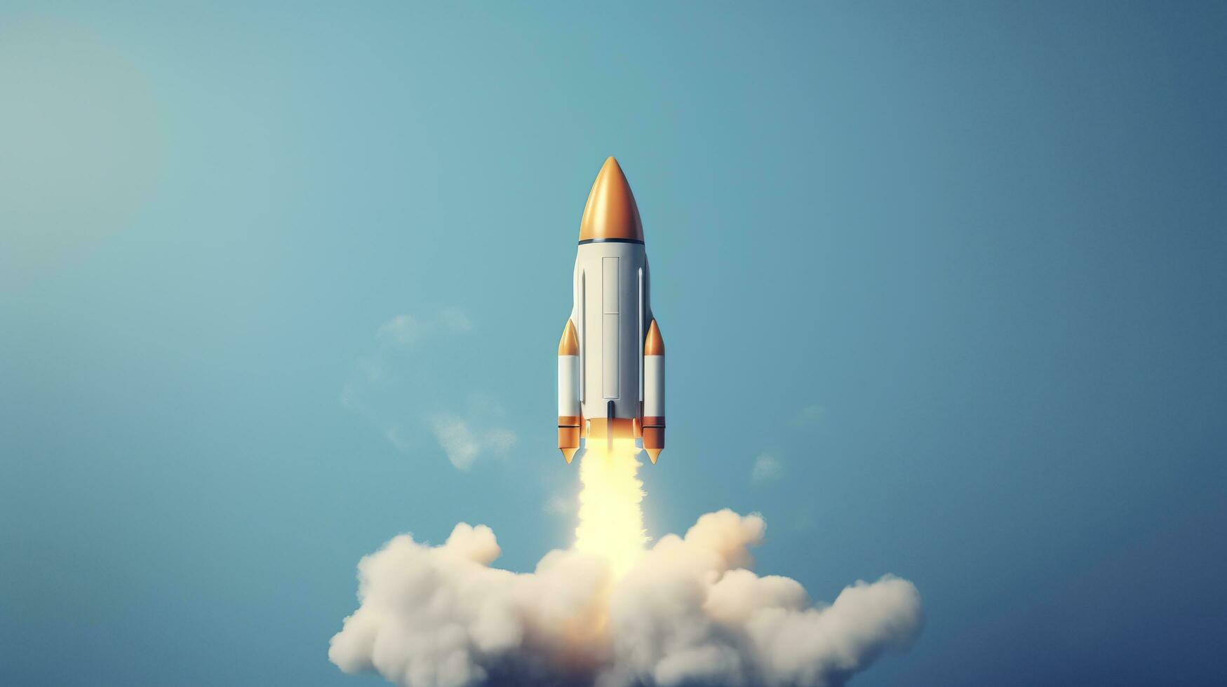 A small rocket takes off from a Laptop with vibrant color combinations in light sky blue and light gray colors for a website, business, and financial success concepts.  AI Generative photo