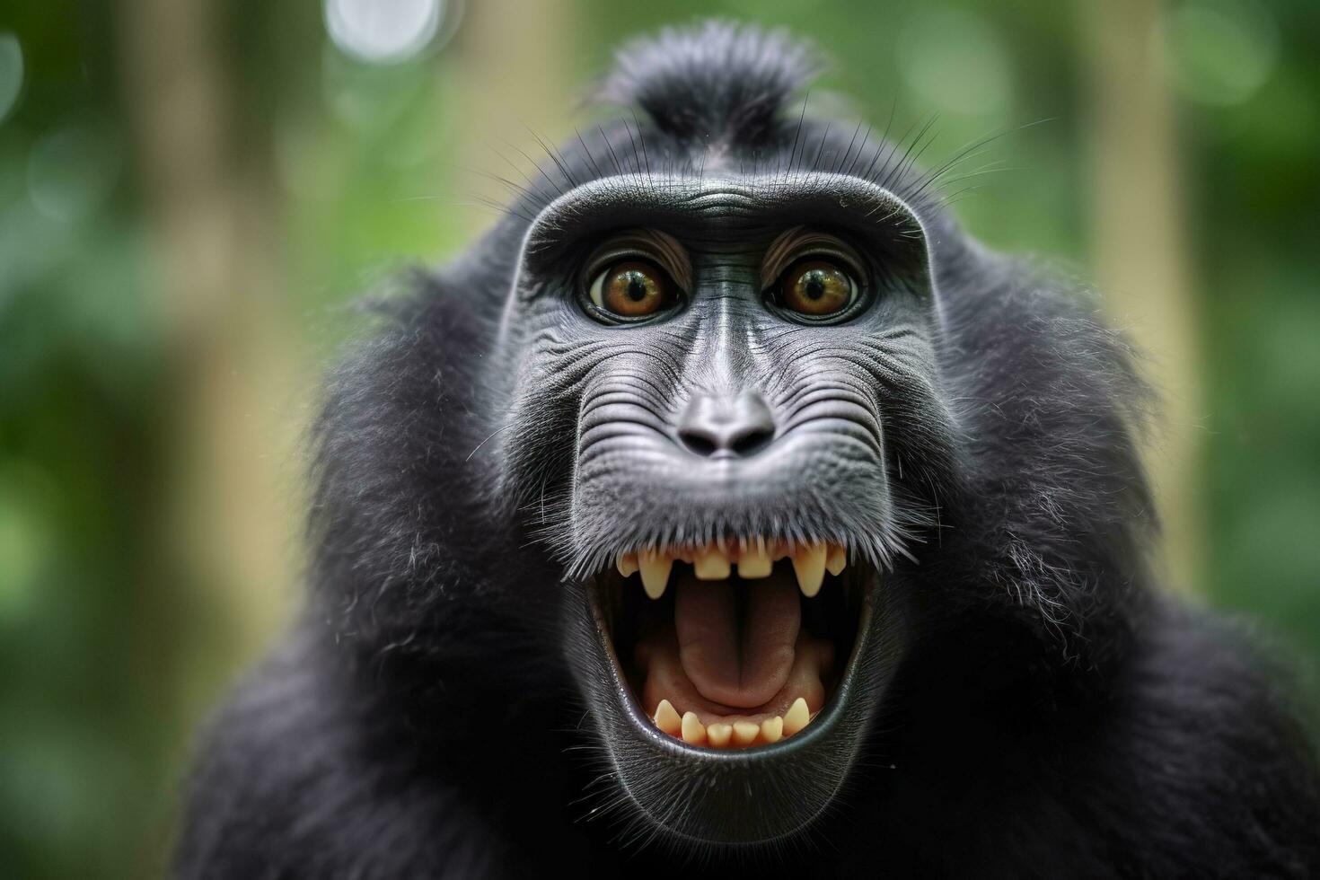 Celebes crested macaque with open mouth. Close up on the green natural background. Generative AI photo