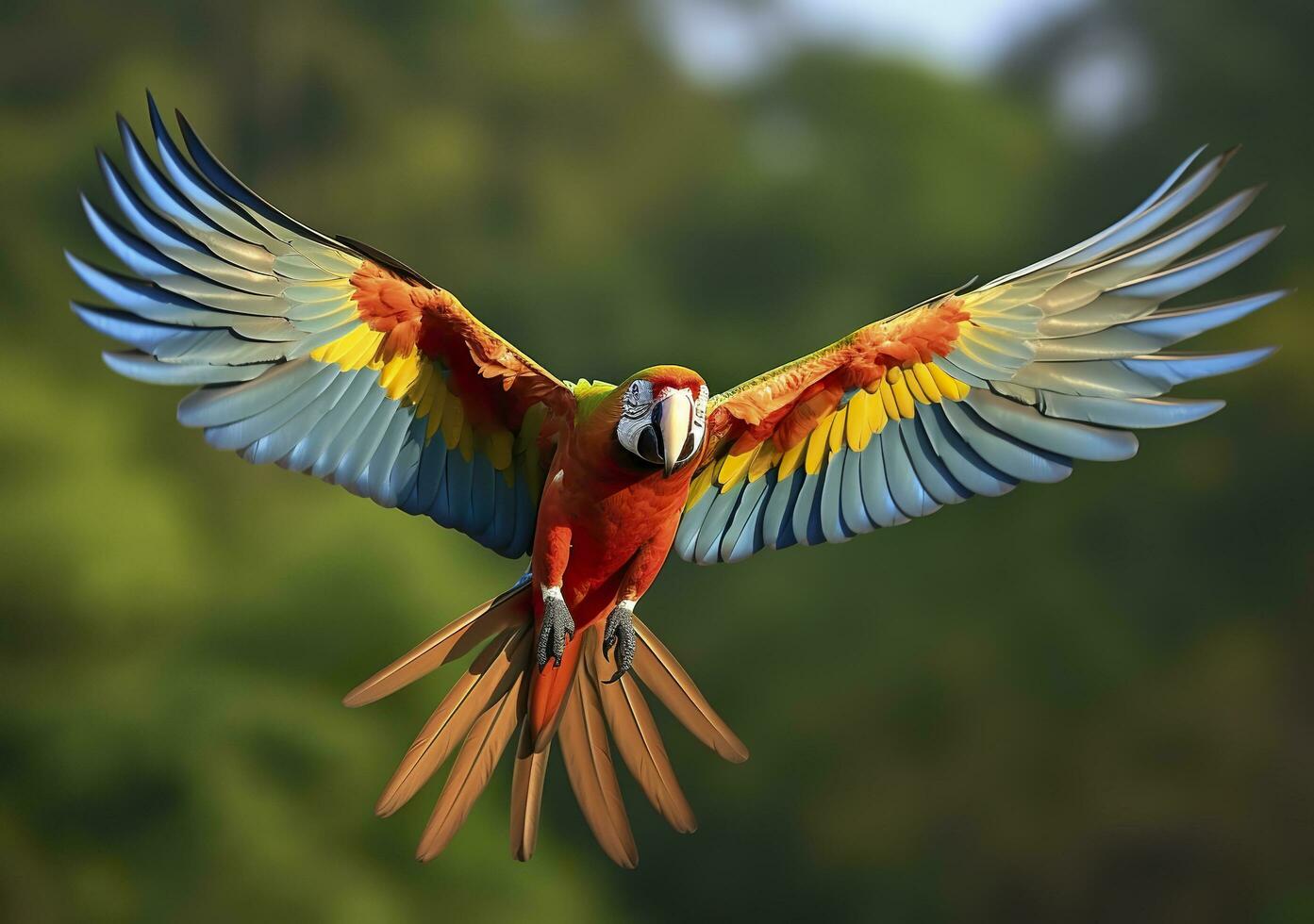 Flying macaw, beautiful bird. Generative AI photo