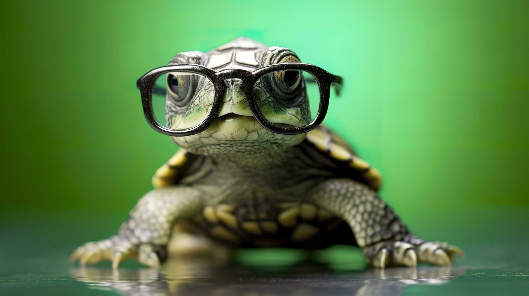 un linda pequeño verde Tortuga con anteojos, generar ai foto