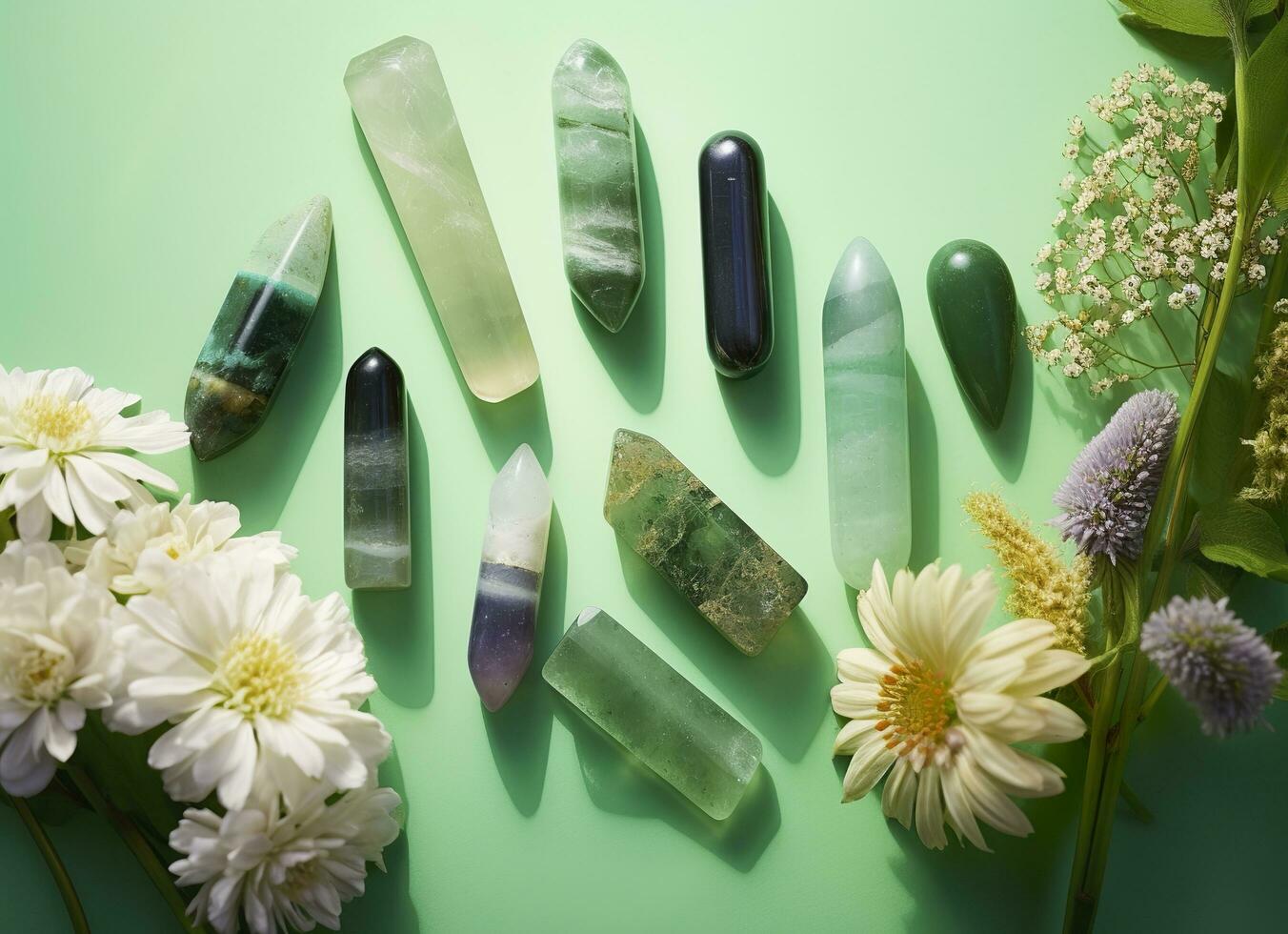 Crystal towers minerals set and white flowers on green abstract background. Generative AI photo