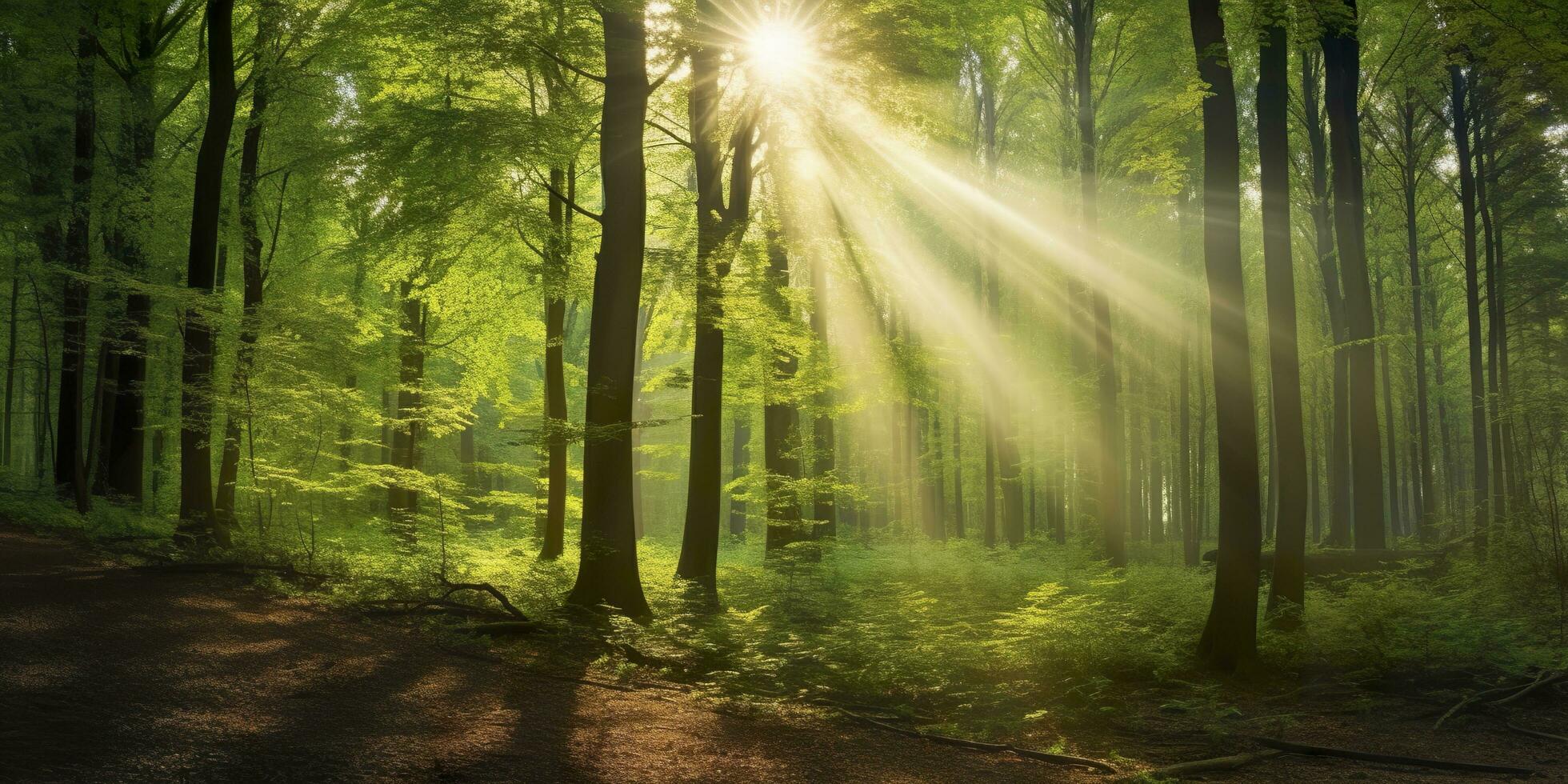 hermosa rayos de luz de sol en un verde bosque. generativo ai foto