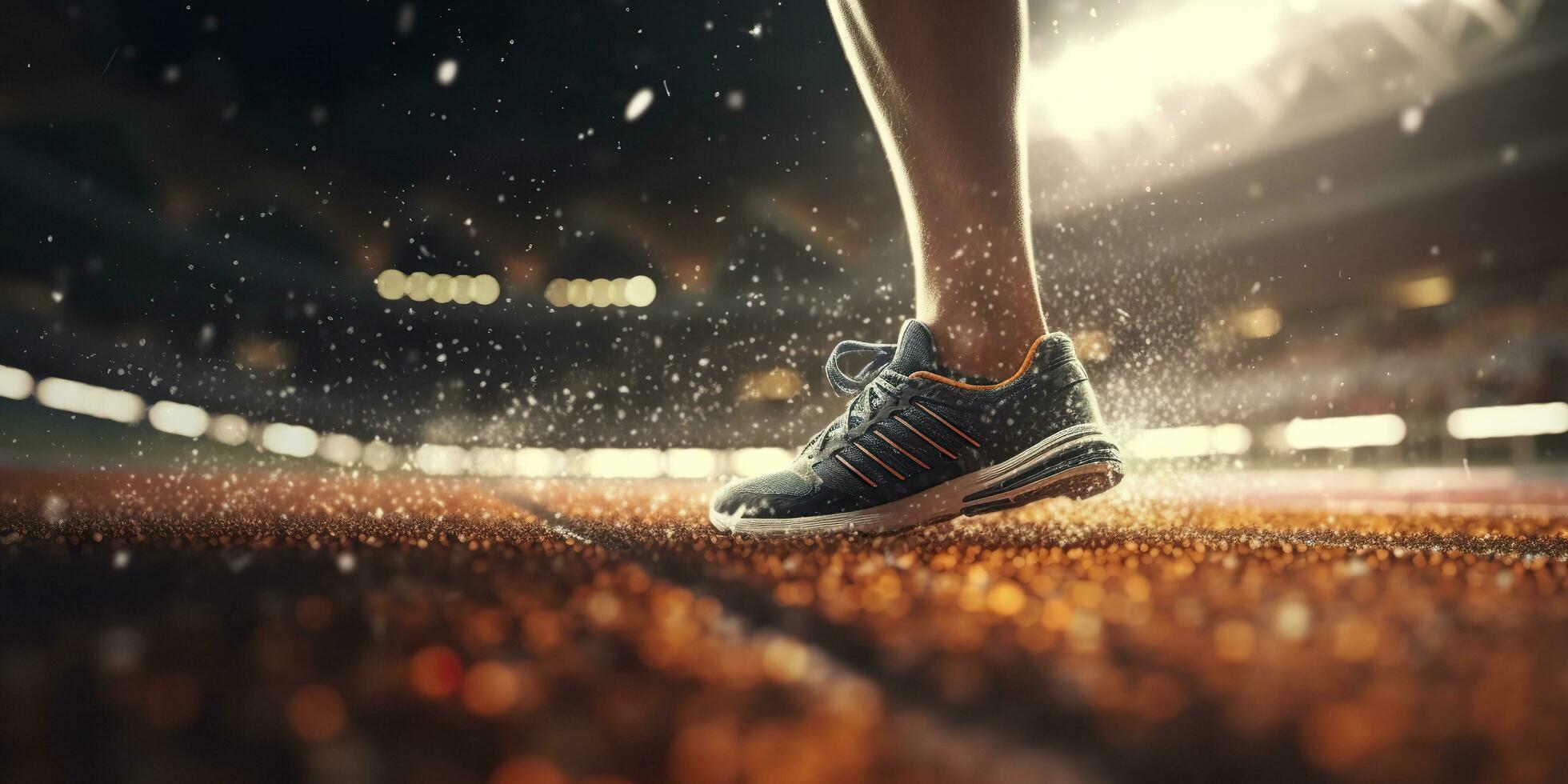 Runner feet running on a stadium, closeup on feet, sports background, space for copy, AI Generative photo