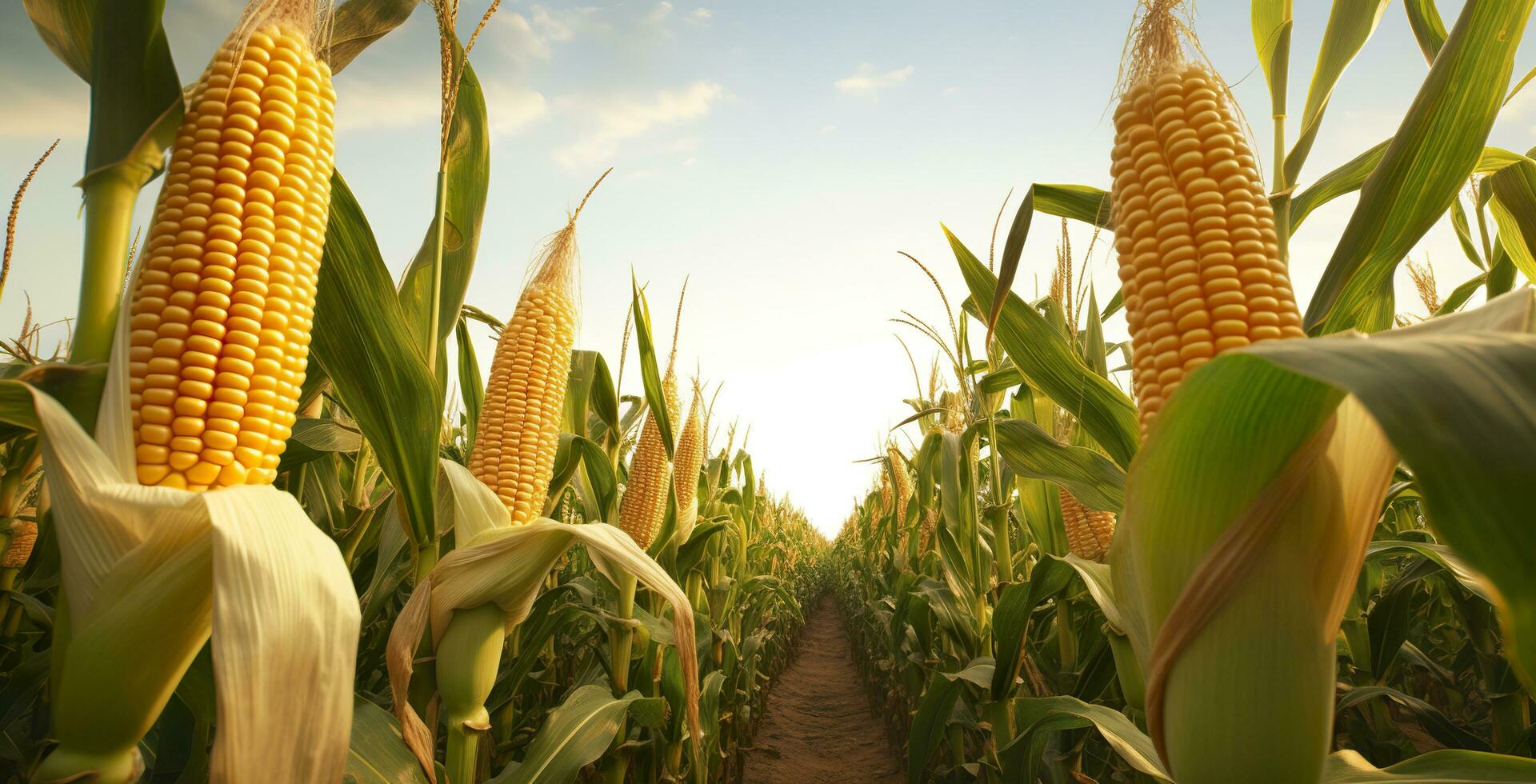 Closeup corn cobs in corn plantation field. Generative AI photo